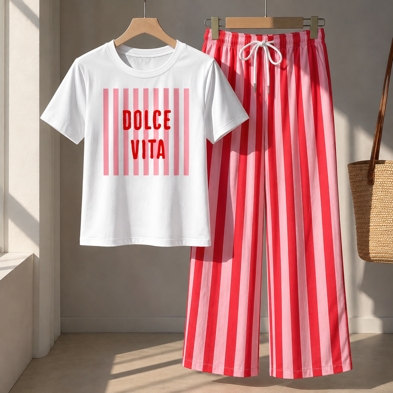 Striped Casual Short Sleeve Top And Pant Set For Women