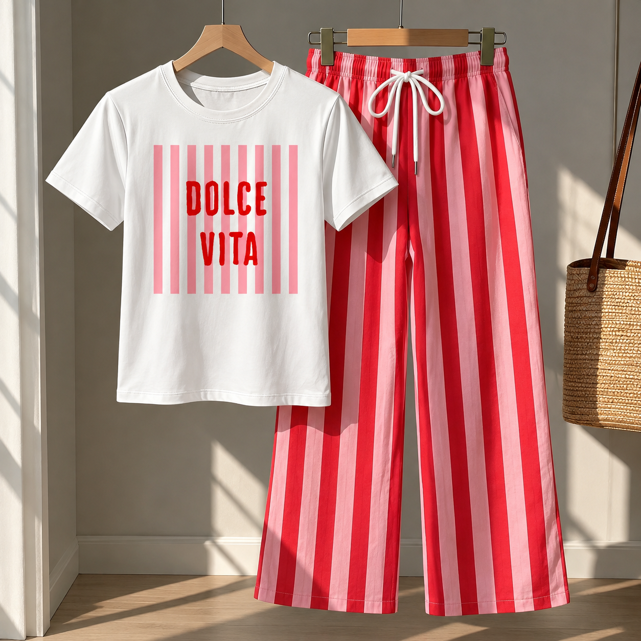 Striped Casual Short Sleeve Top And Pant Set For Women