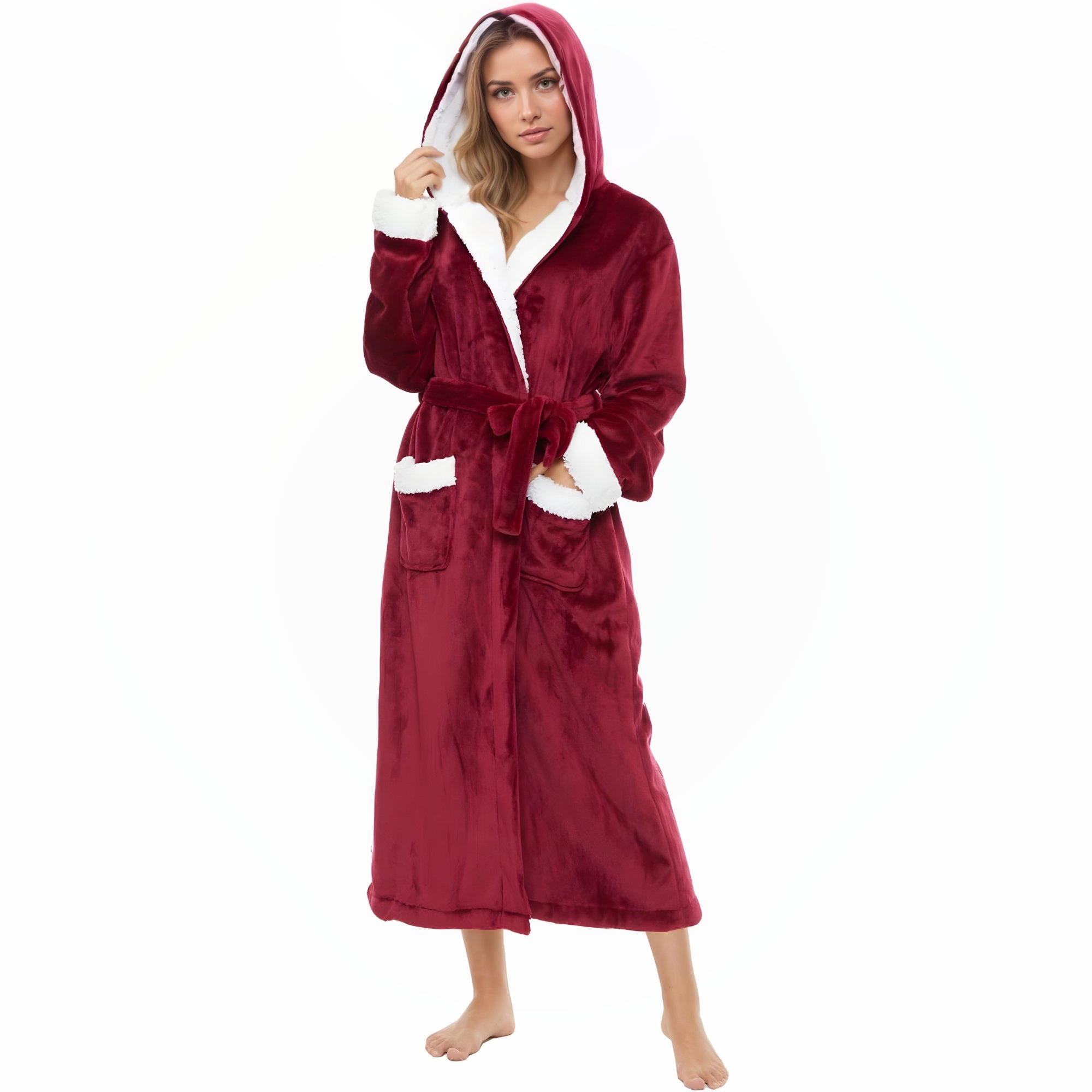 Soft Fleece Hooded Long Bathrobe For Women Home Lounge
