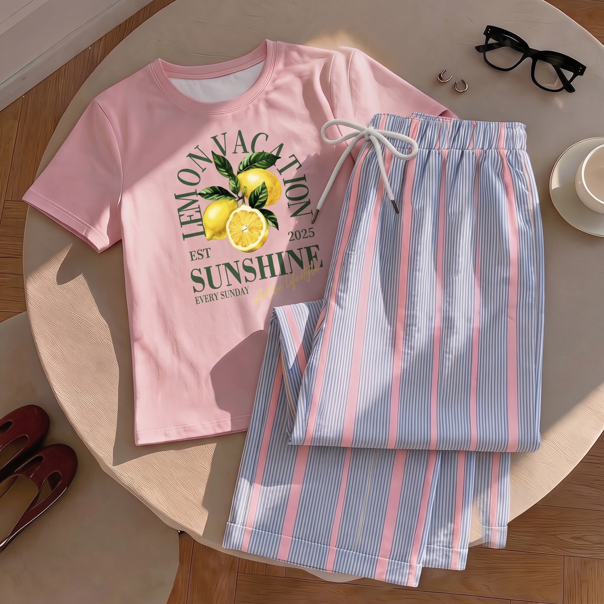 Striped Print Short Sleeve Top and Pants 2 Piece Vacation Set for Women
