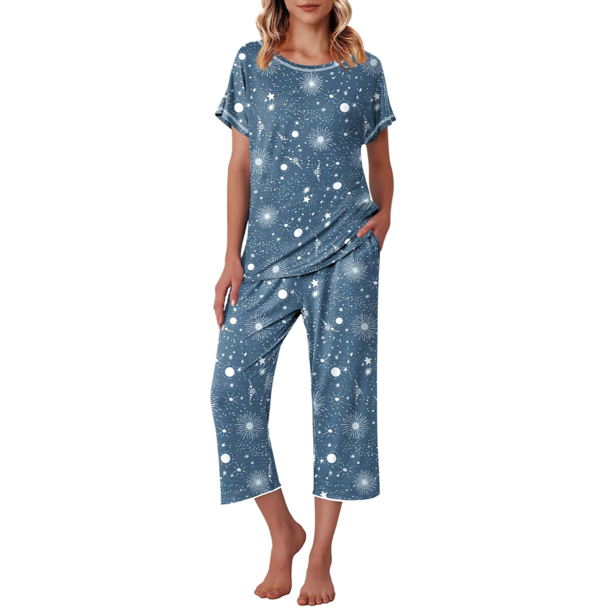Capri Pajama Set With Short Sleeve Top And Printed Design
