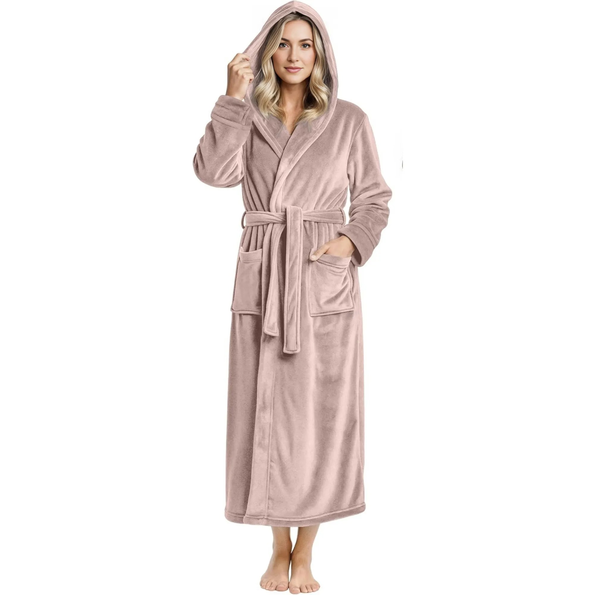 Fleece Plush Hooded Bath Robe For Women