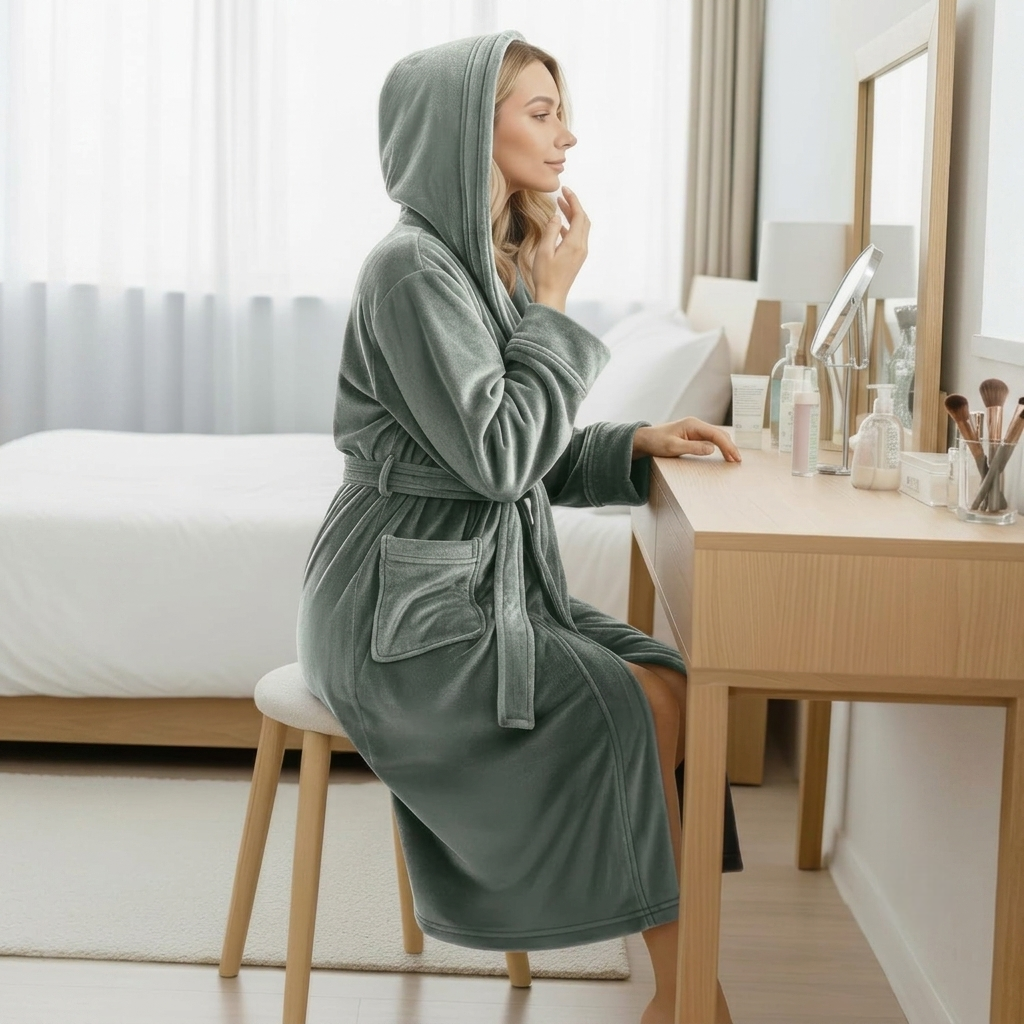 Fleece Plush Hooded Bath Robe For Women