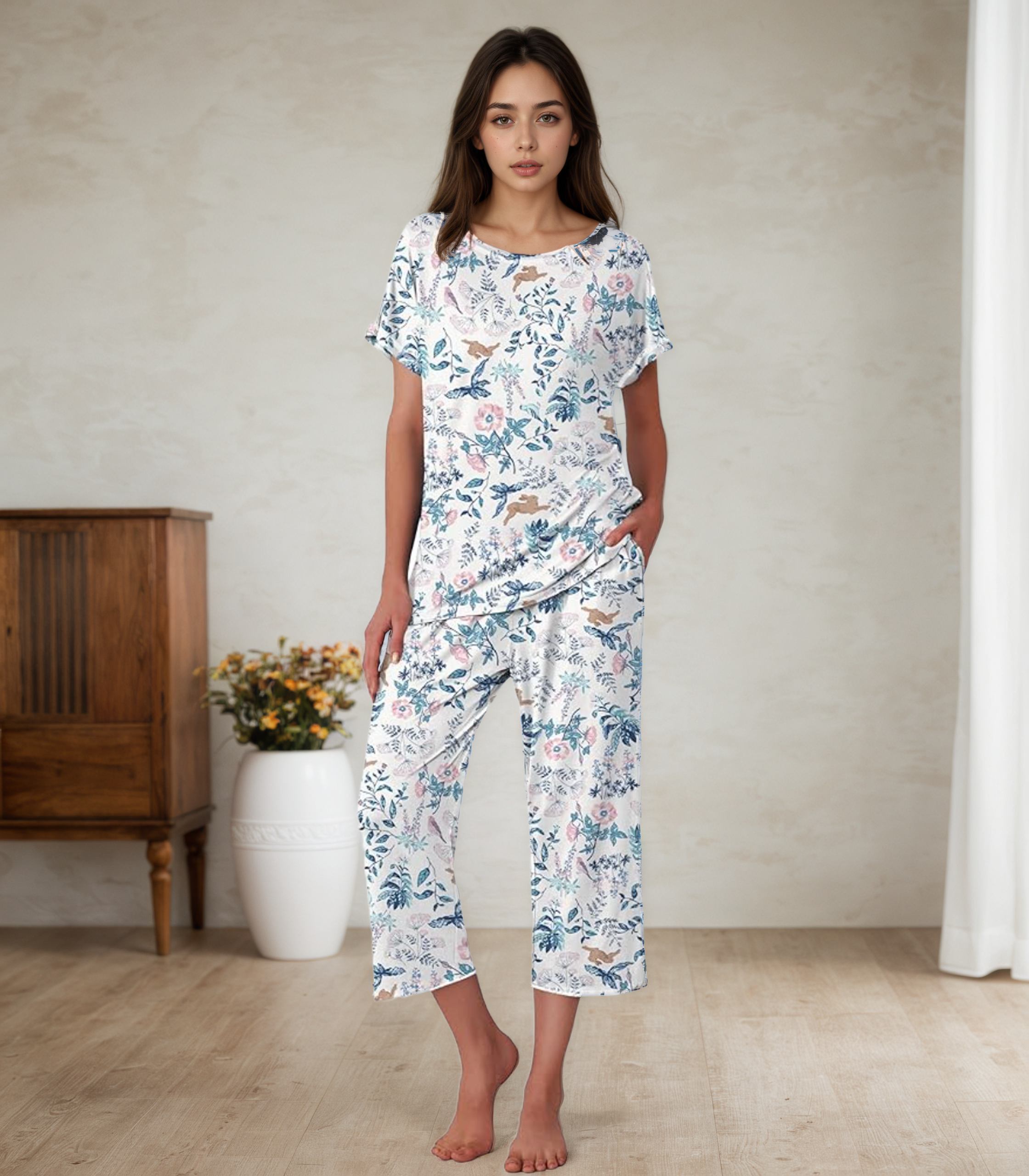 Floral Print Capri Sleepwear Set