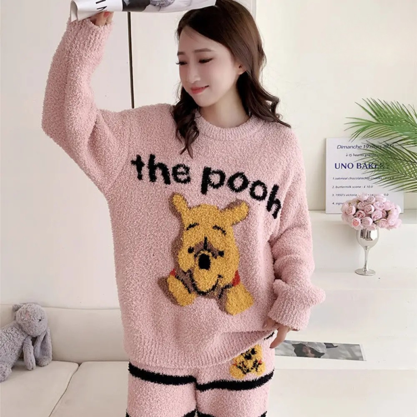 Fluffy Cartoon Bear Fleece Winter Pajama Set For Women
