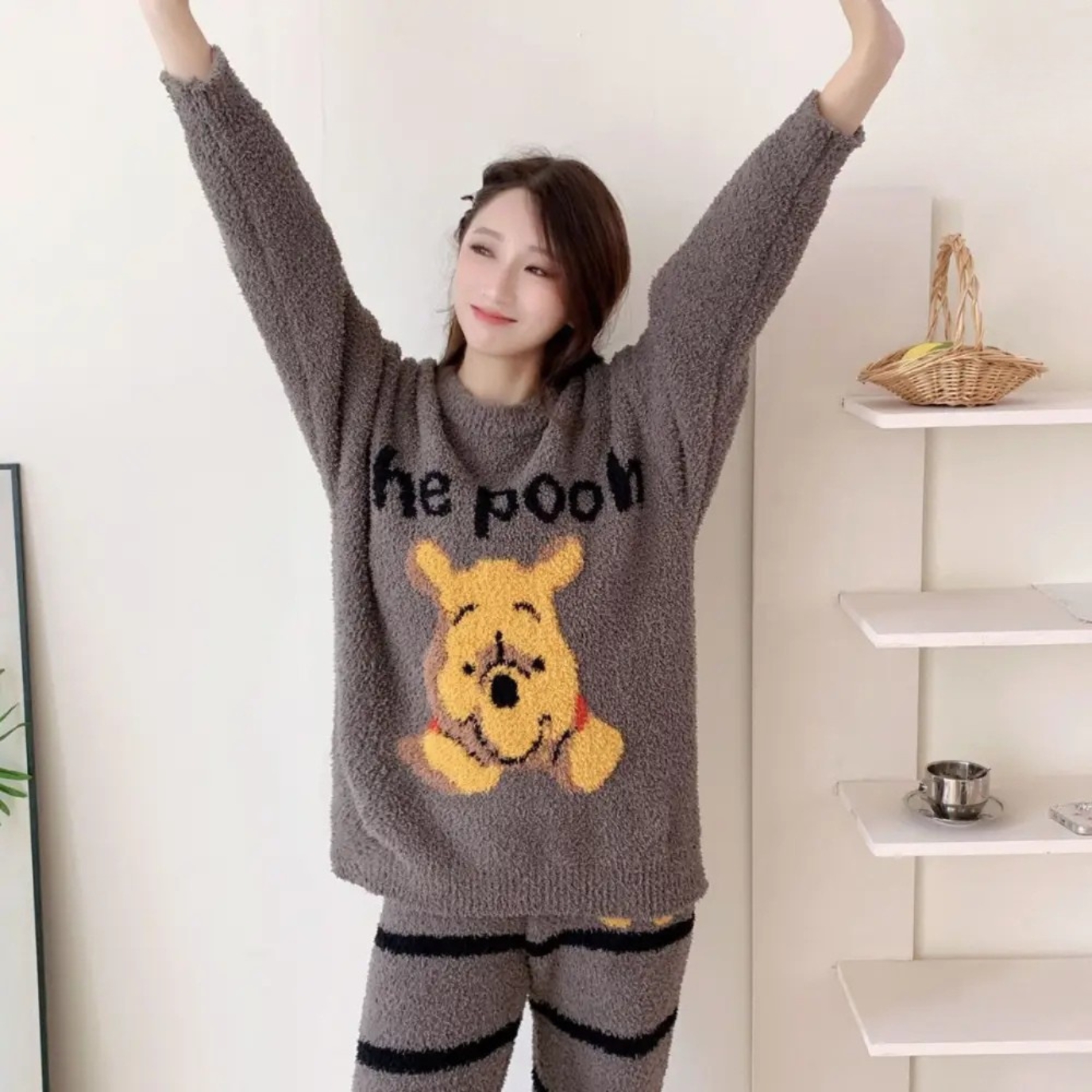 Fluffy Cartoon Bear Fleece Winter Pajama Set For Women