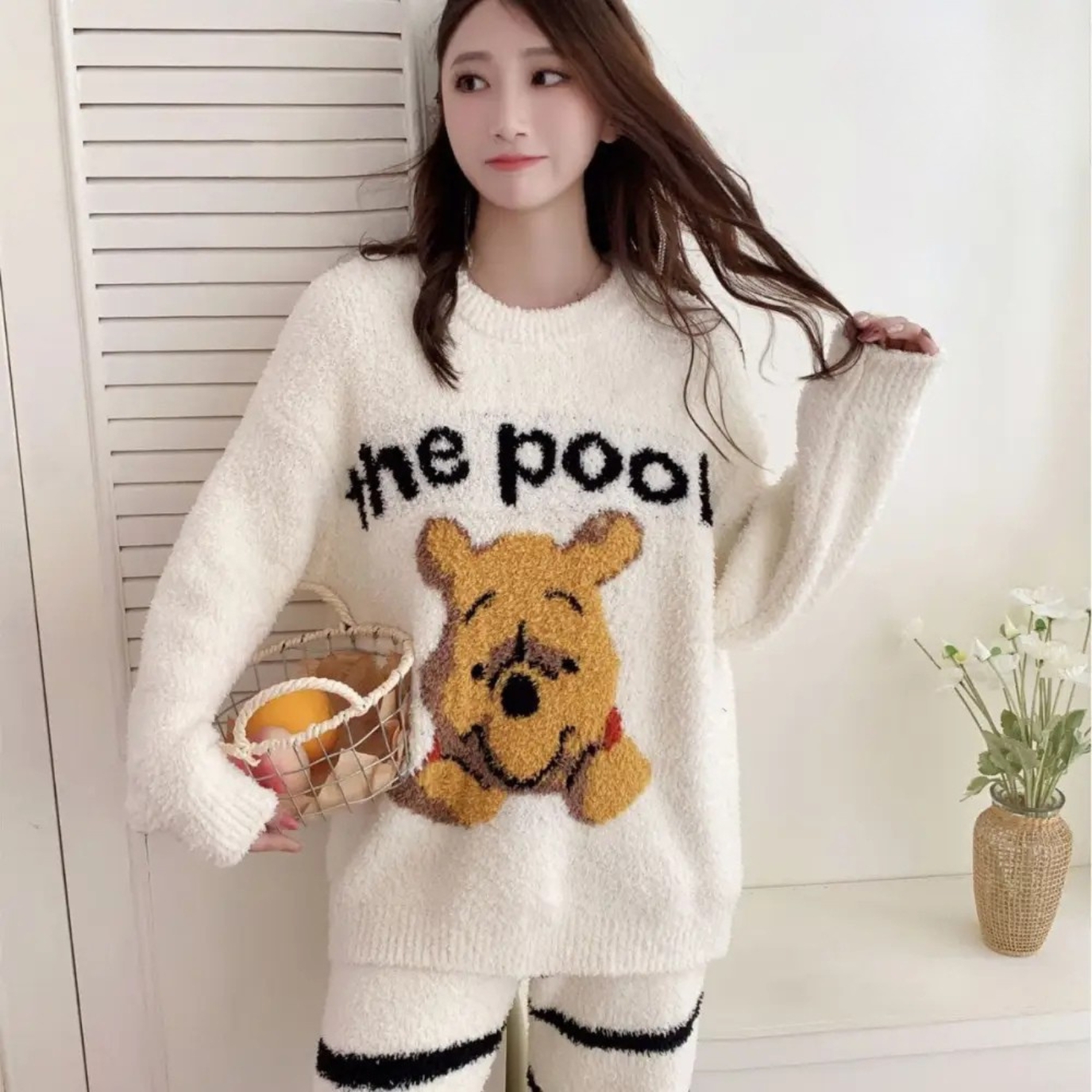 Fluffy Cartoon Bear Fleece Winter Pajama Set For Women