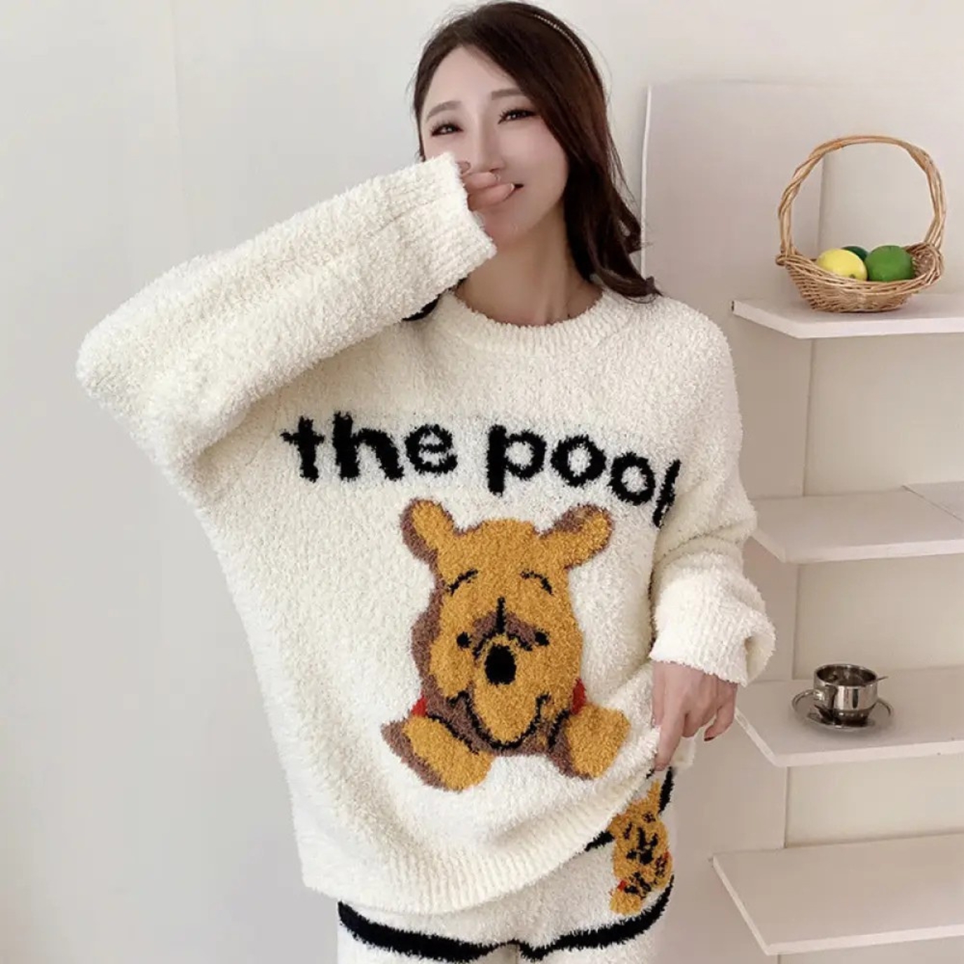 Fluffy Cartoon Bear Fleece Winter Pajama Set For Women