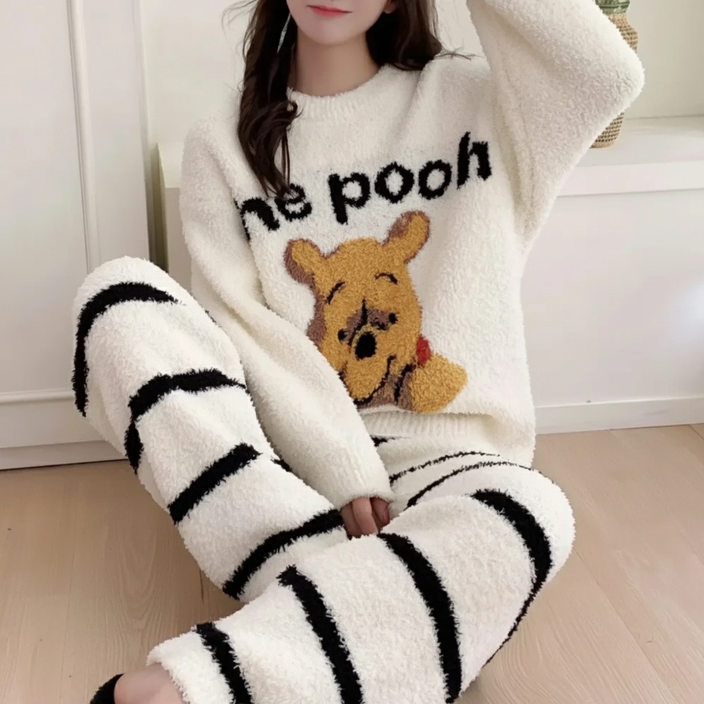 Fluffy Cartoon Bear Fleece Winter Pajama Set For Women