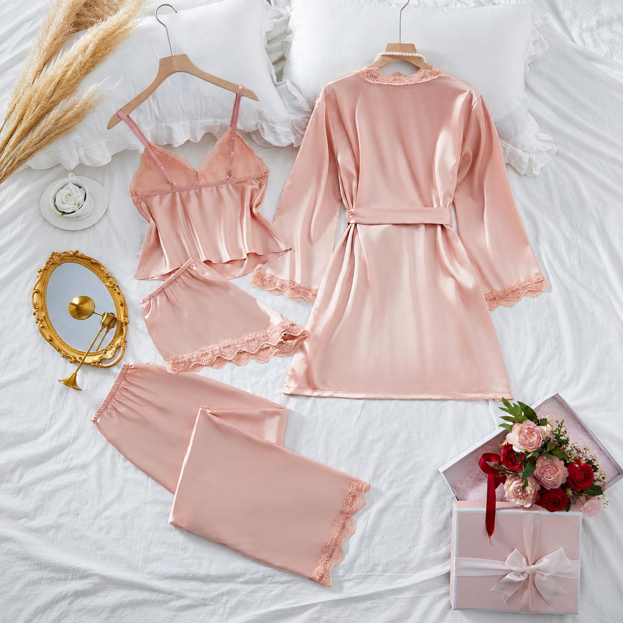 4 Pieces Long Sleeve Robe Pajama Set For Women
