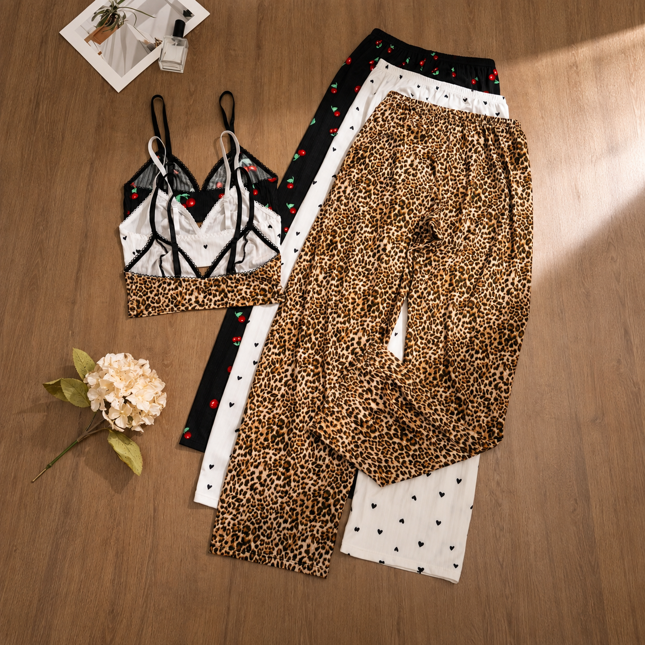 3 Pieces Leopard Printed Lingerie Set For Women