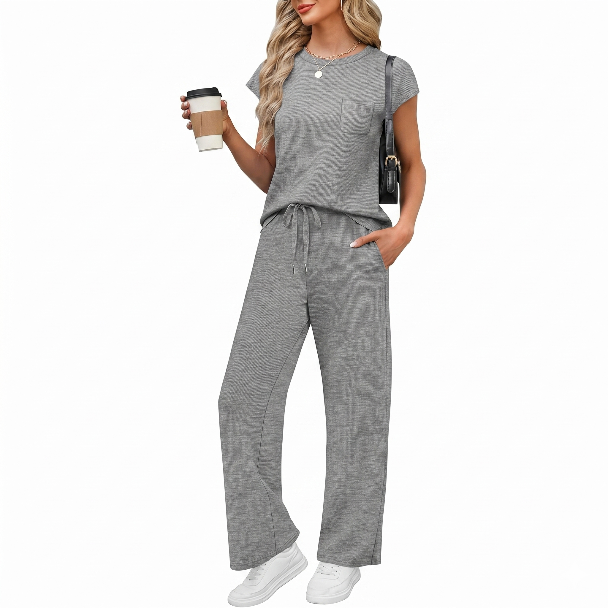 Casual Cap Sleeve Two Piece Travel Outfit For Women