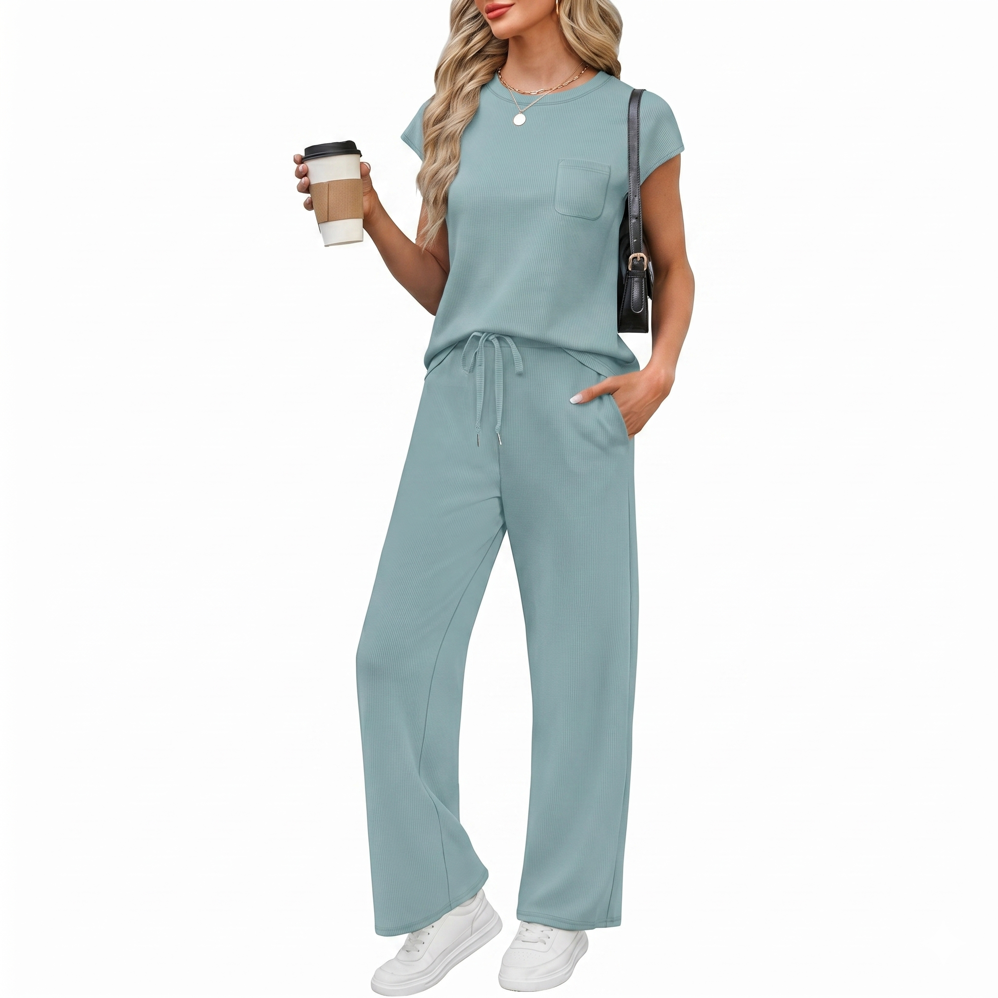 Casual Cap Sleeve Two Piece Travel Outfit For Women