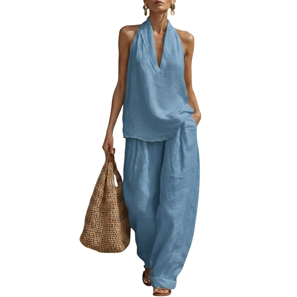 Beach Vacation Sleeveless Halter Two Piece Set For Women