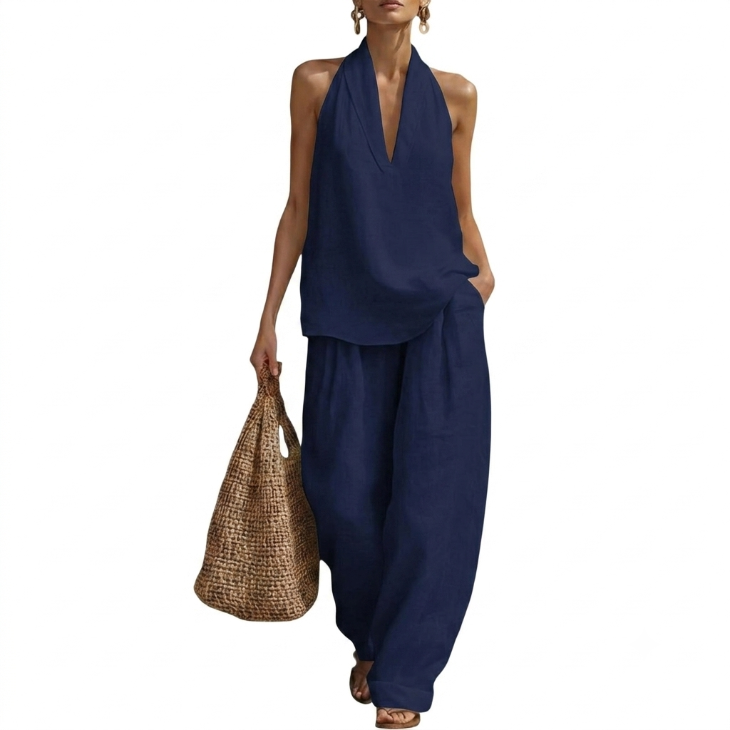Beach Vacation Sleeveless Halter Two Piece Set For Women