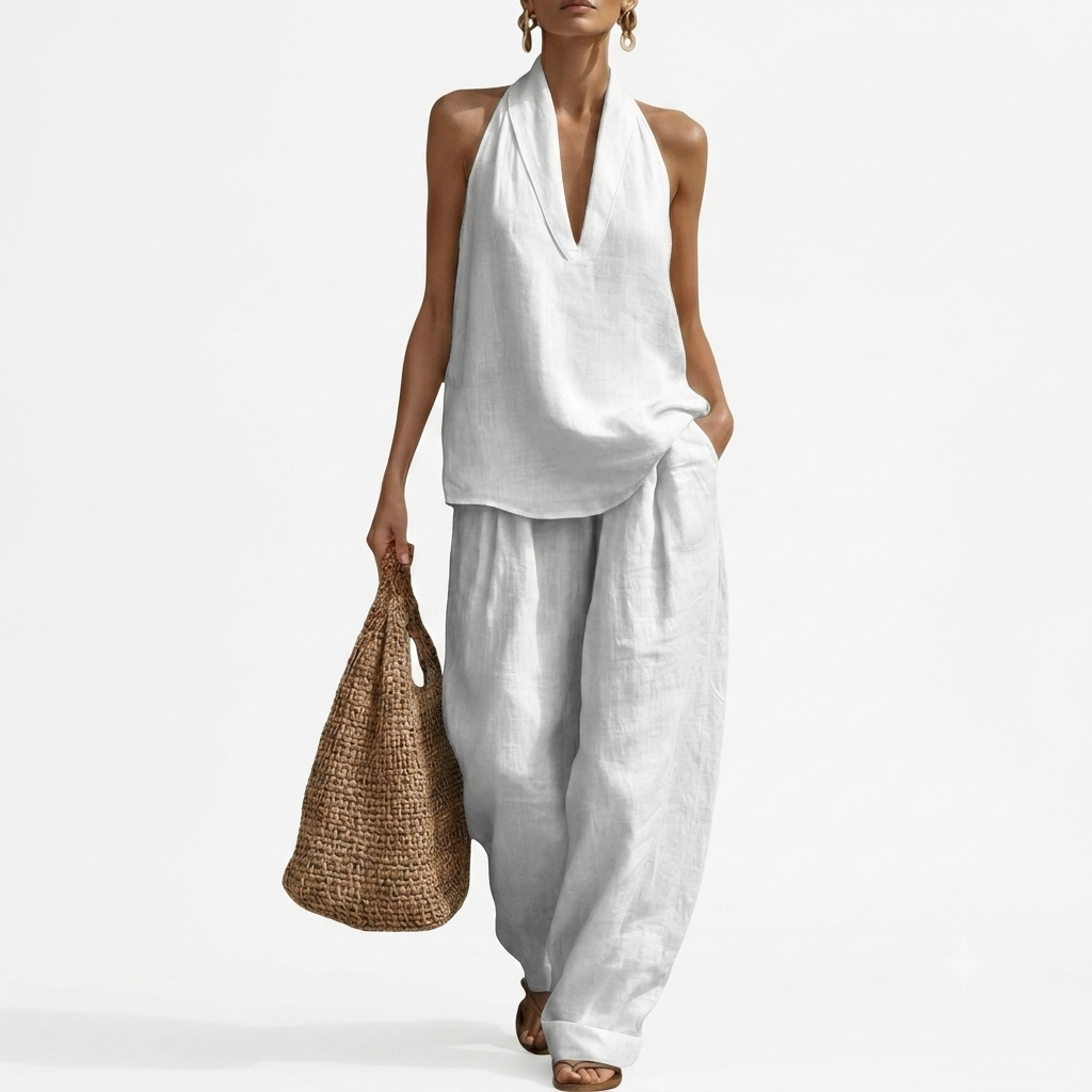 Beach Vacation Sleeveless Halter Two Piece Set For Women