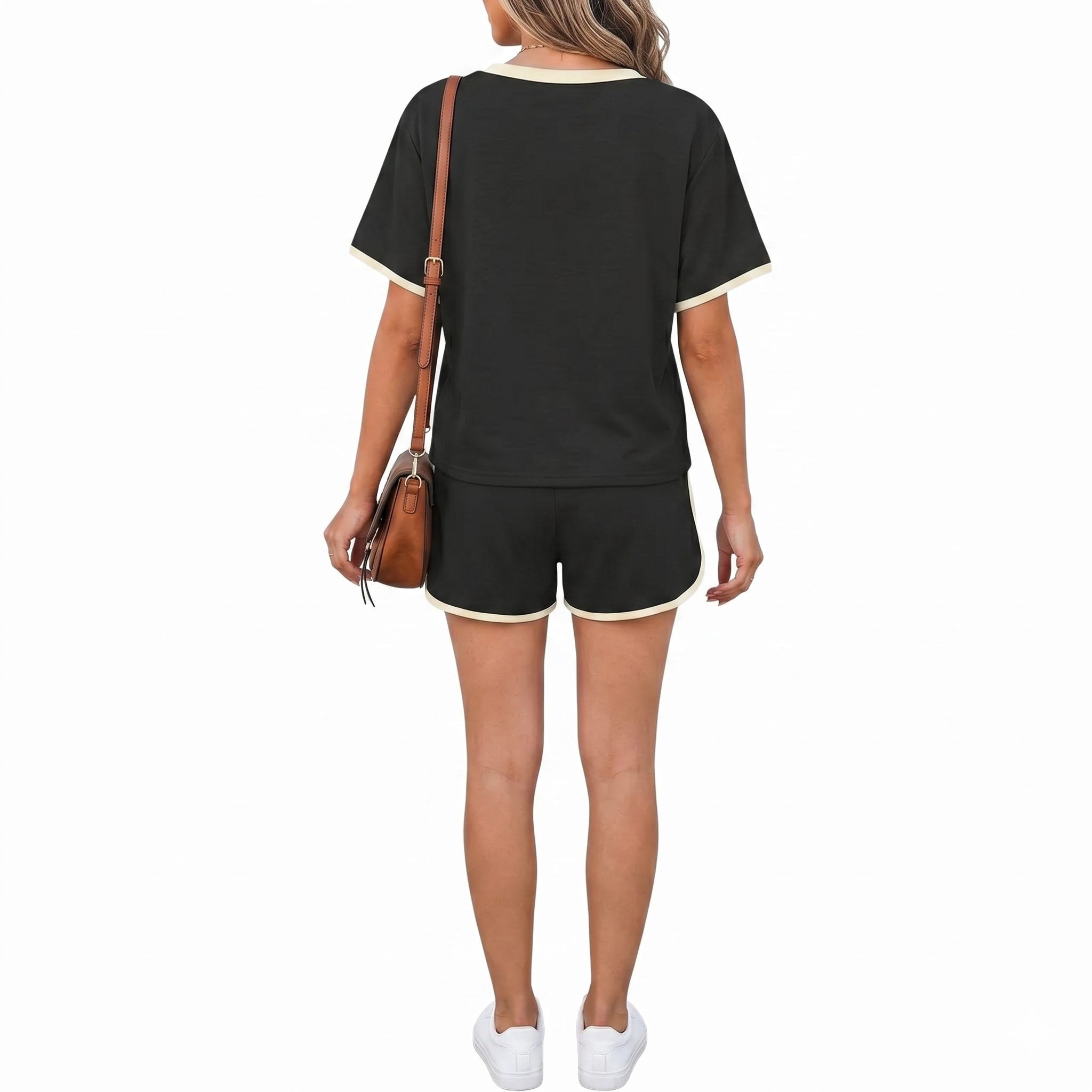 2 Pieces Short Sleeve Top And Drawstring Shorts Matching Outfit Set For Women