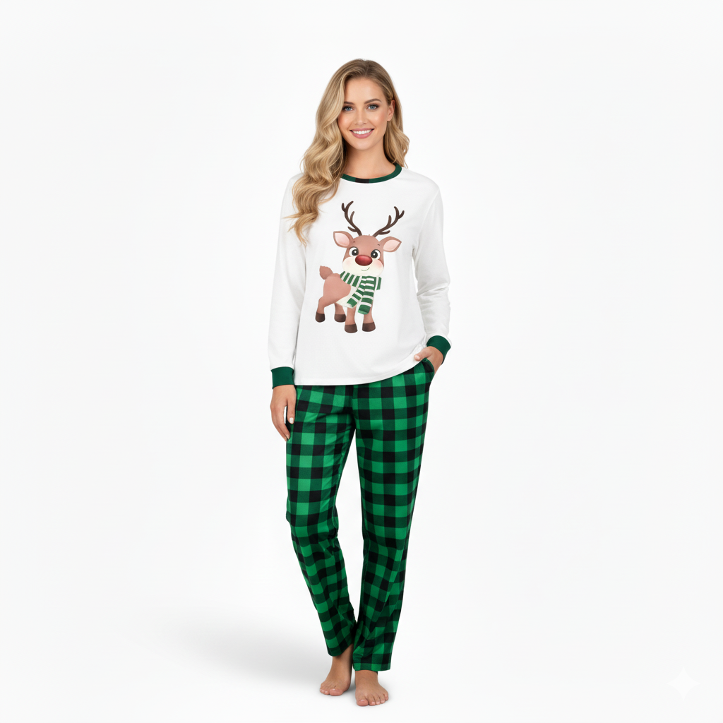 Reindeer Printed Family Matching Plaid Christmas Pajama Set