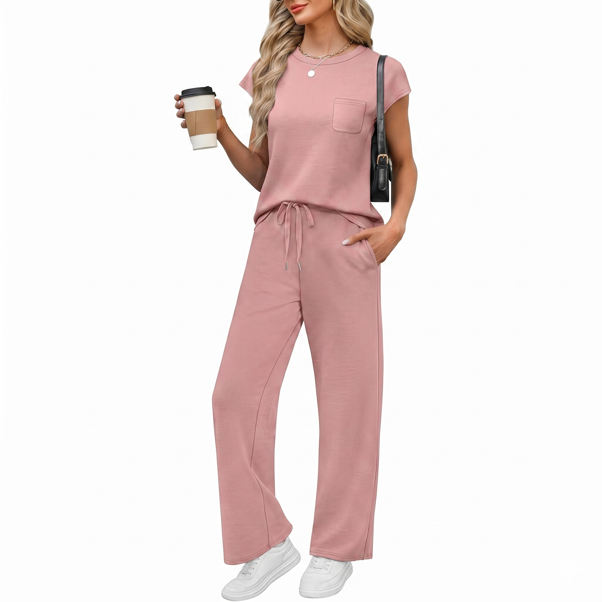 Casual Cap Sleeve Two Piece Travel Outfit For Women