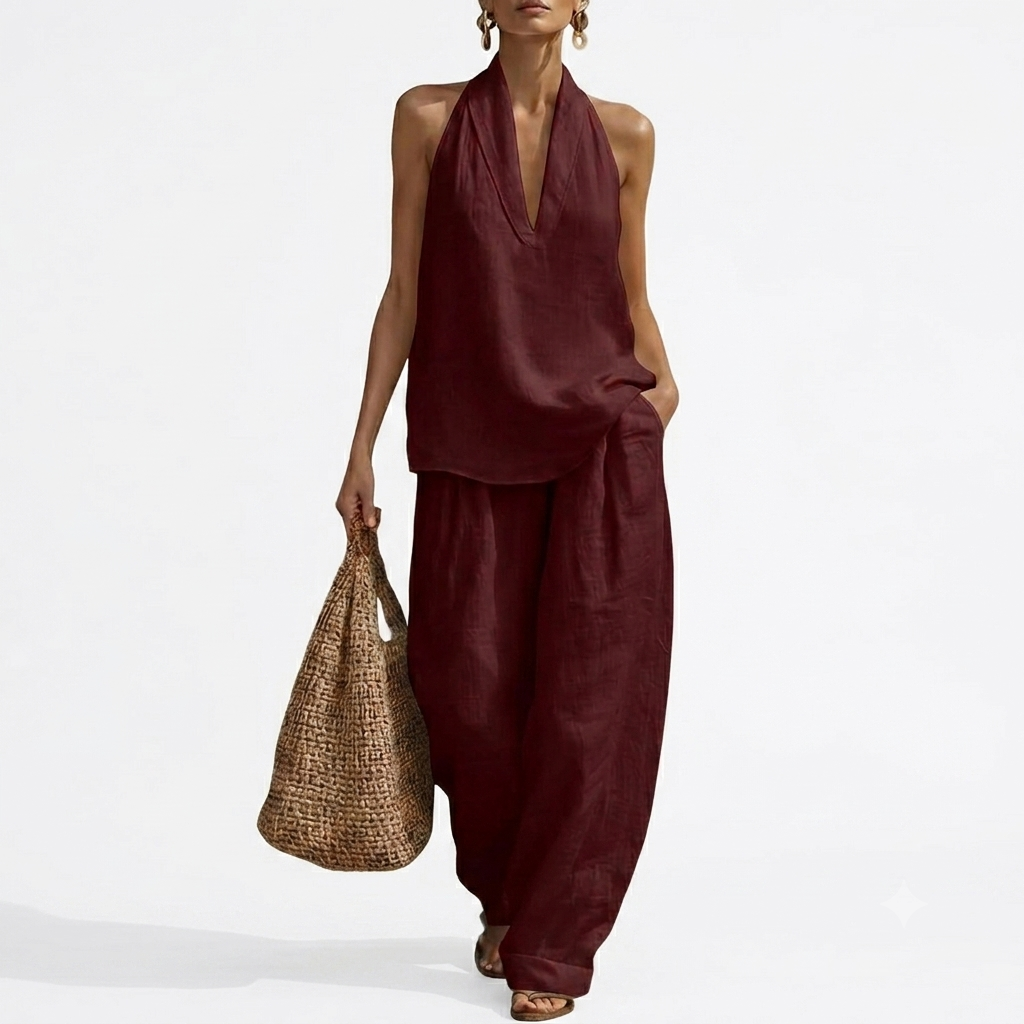 Beach Vacation Sleeveless Halter Two Piece Set For Women