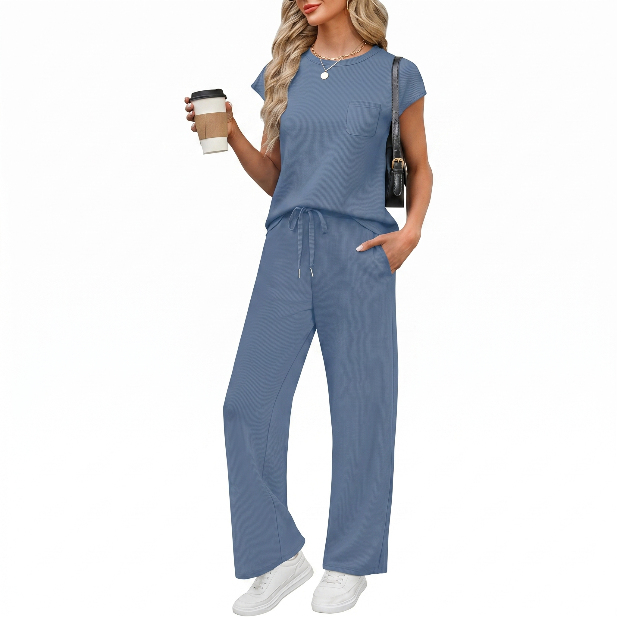 Casual Cap Sleeve Two Piece Travel Outfit For Women