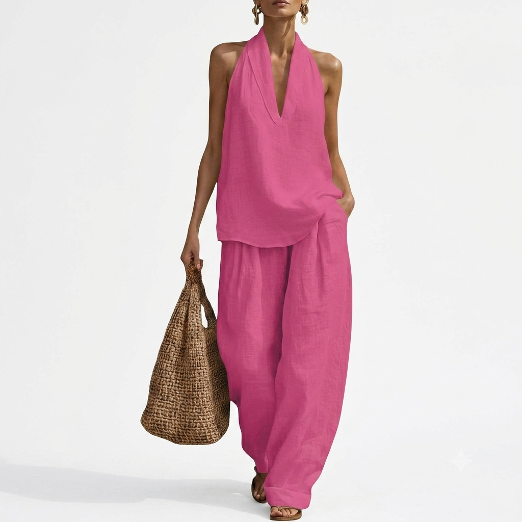 Beach Vacation Sleeveless Halter Two Piece Set For Women
