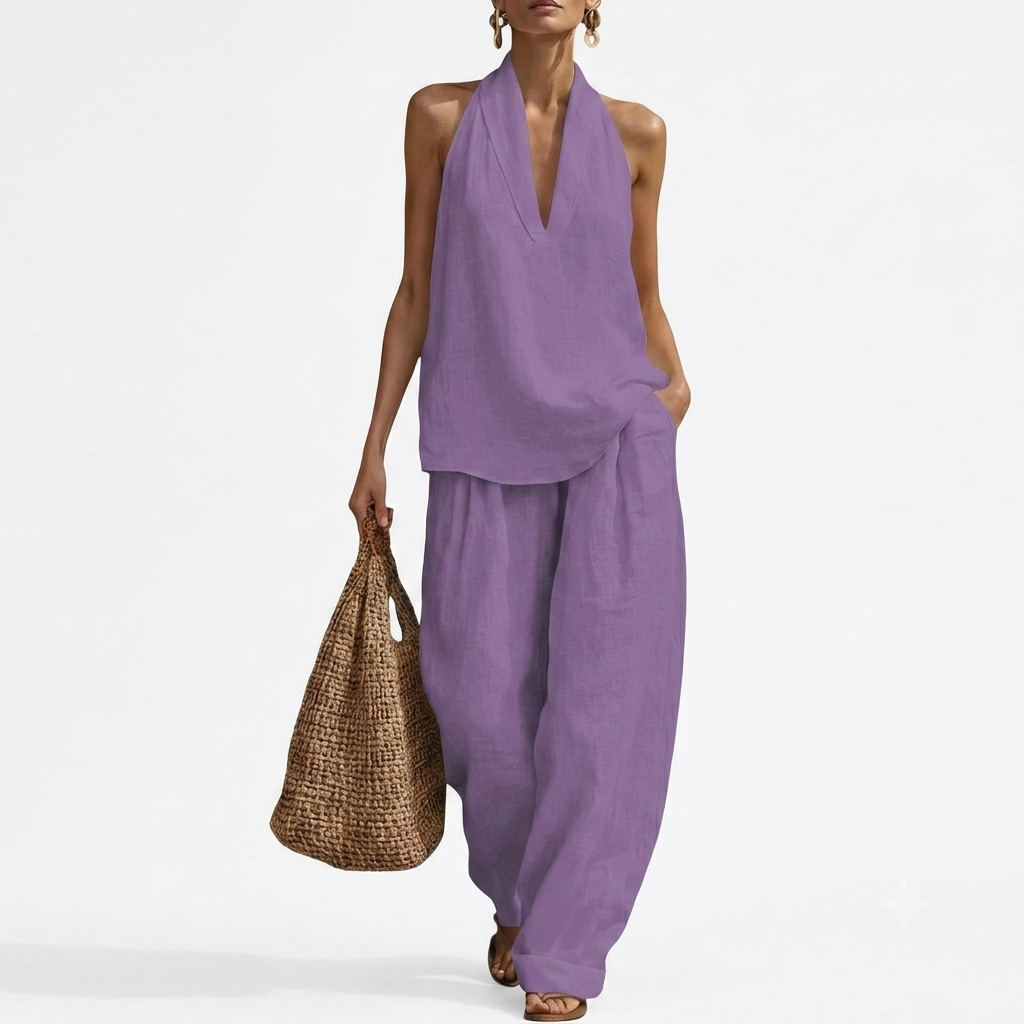 Beach Vacation Sleeveless Halter Two Piece Set For Women