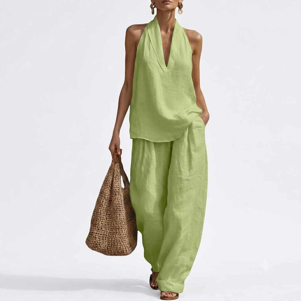 Beach Vacation Sleeveless Halter Two Piece Set For Women