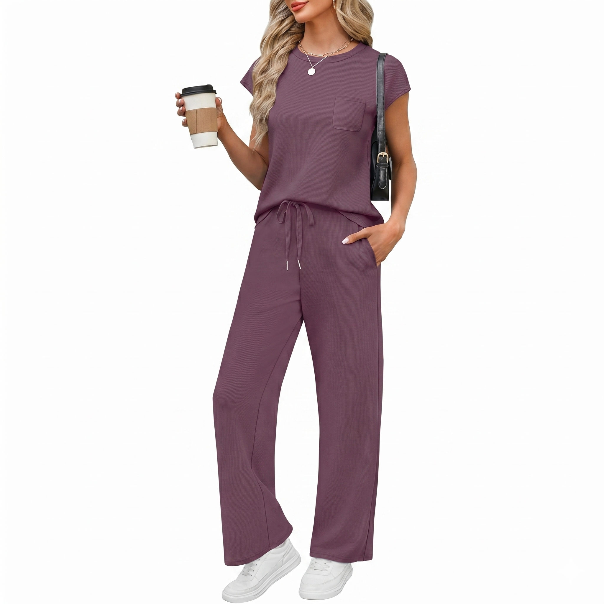 Casual Cap Sleeve Two Piece Travel Outfit For Women
