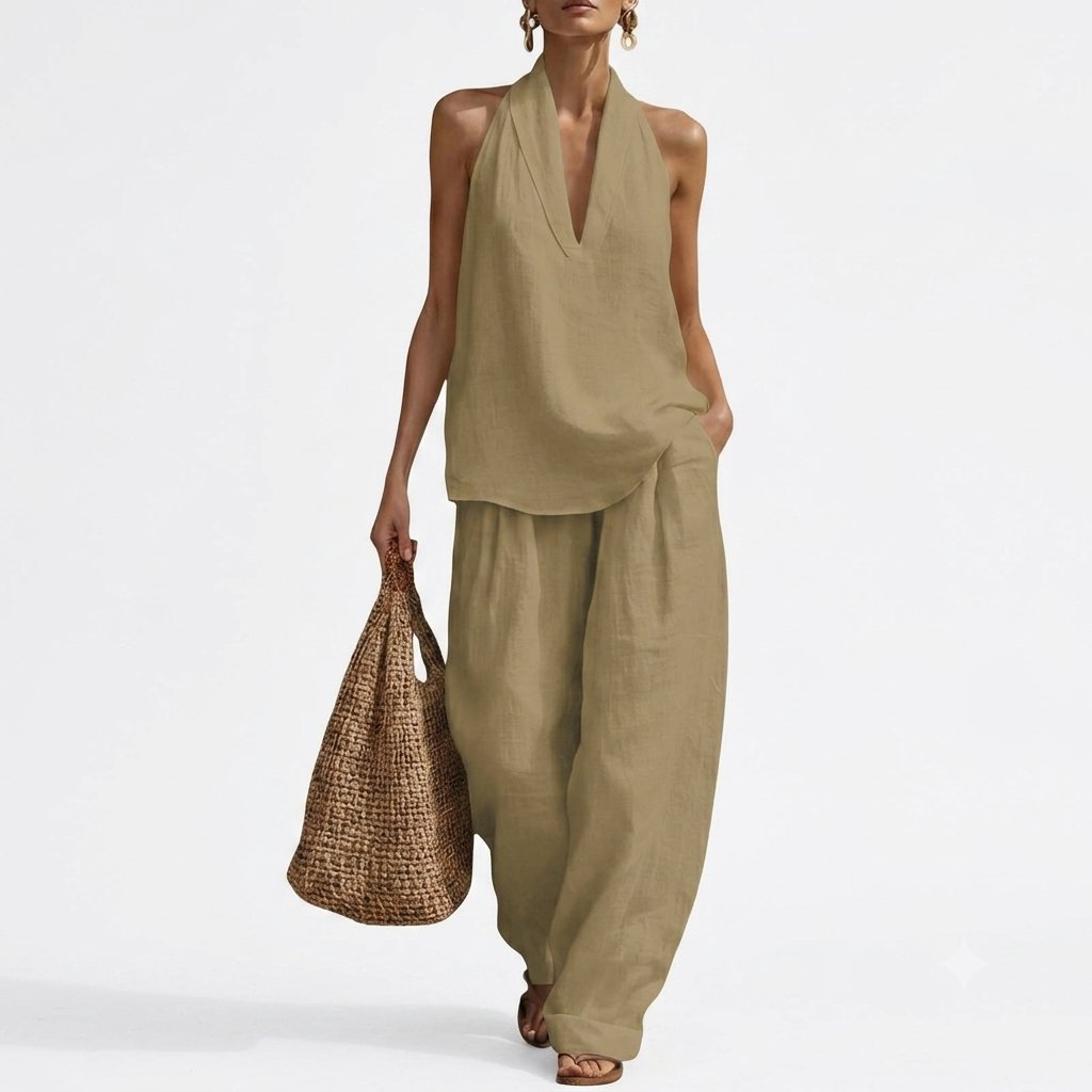 Beach Vacation Sleeveless Halter Two Piece Set For Women