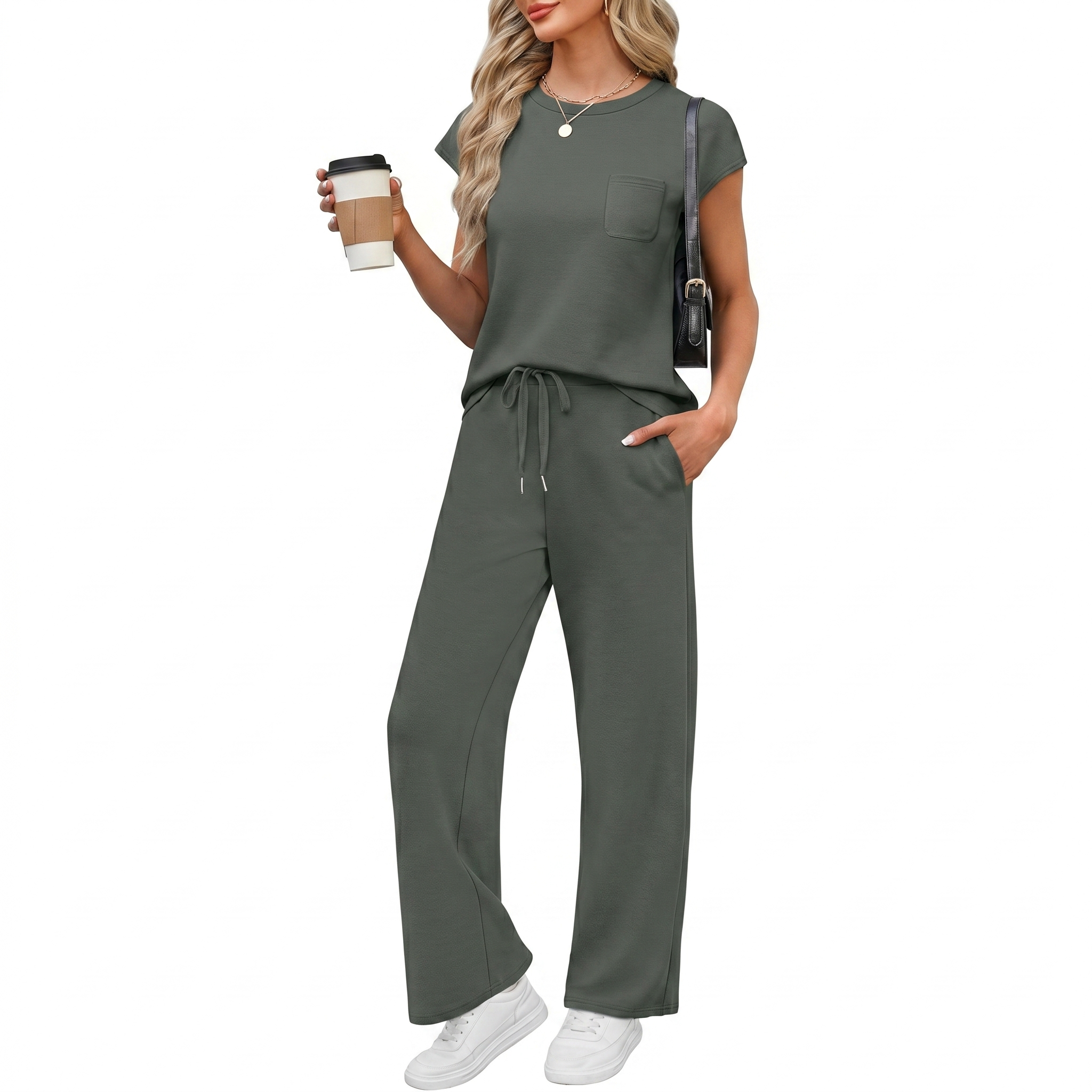 Casual Cap Sleeve Two Piece Travel Outfit For Women