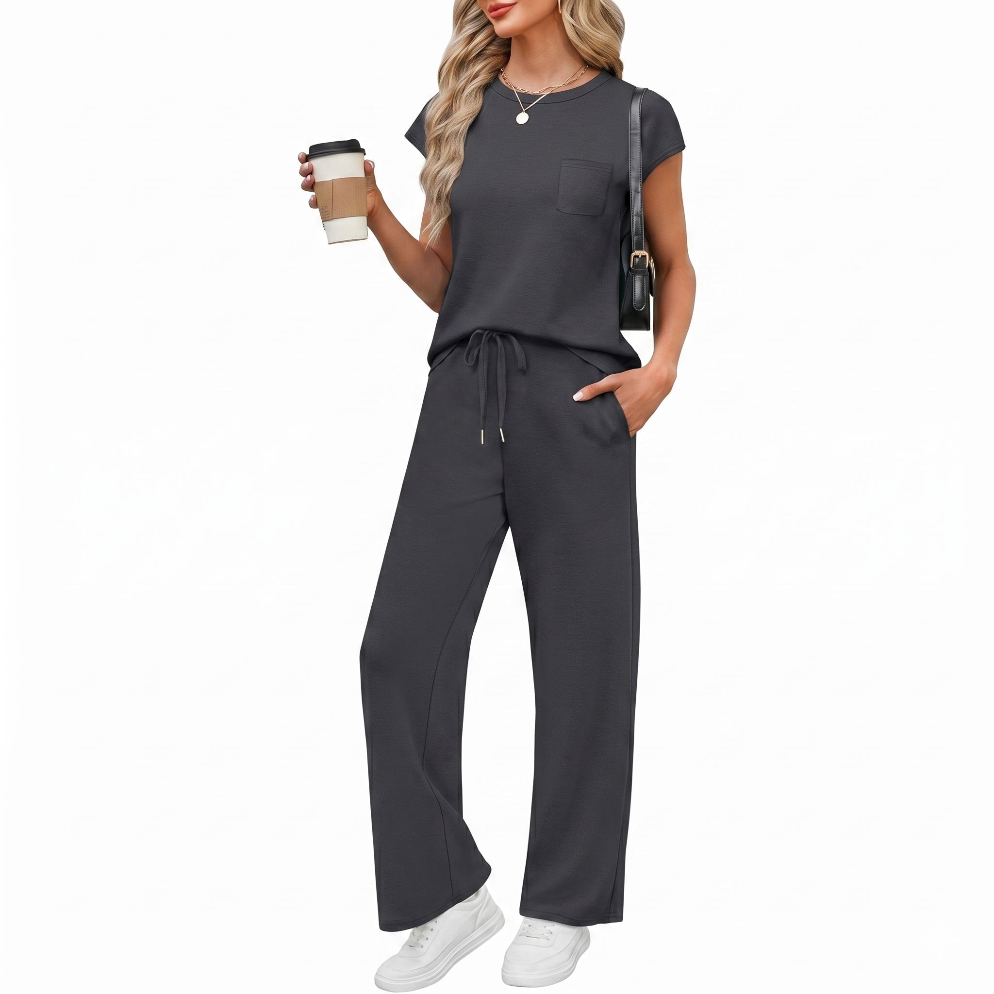 Casual Cap Sleeve Two Piece Travel Outfit For Women