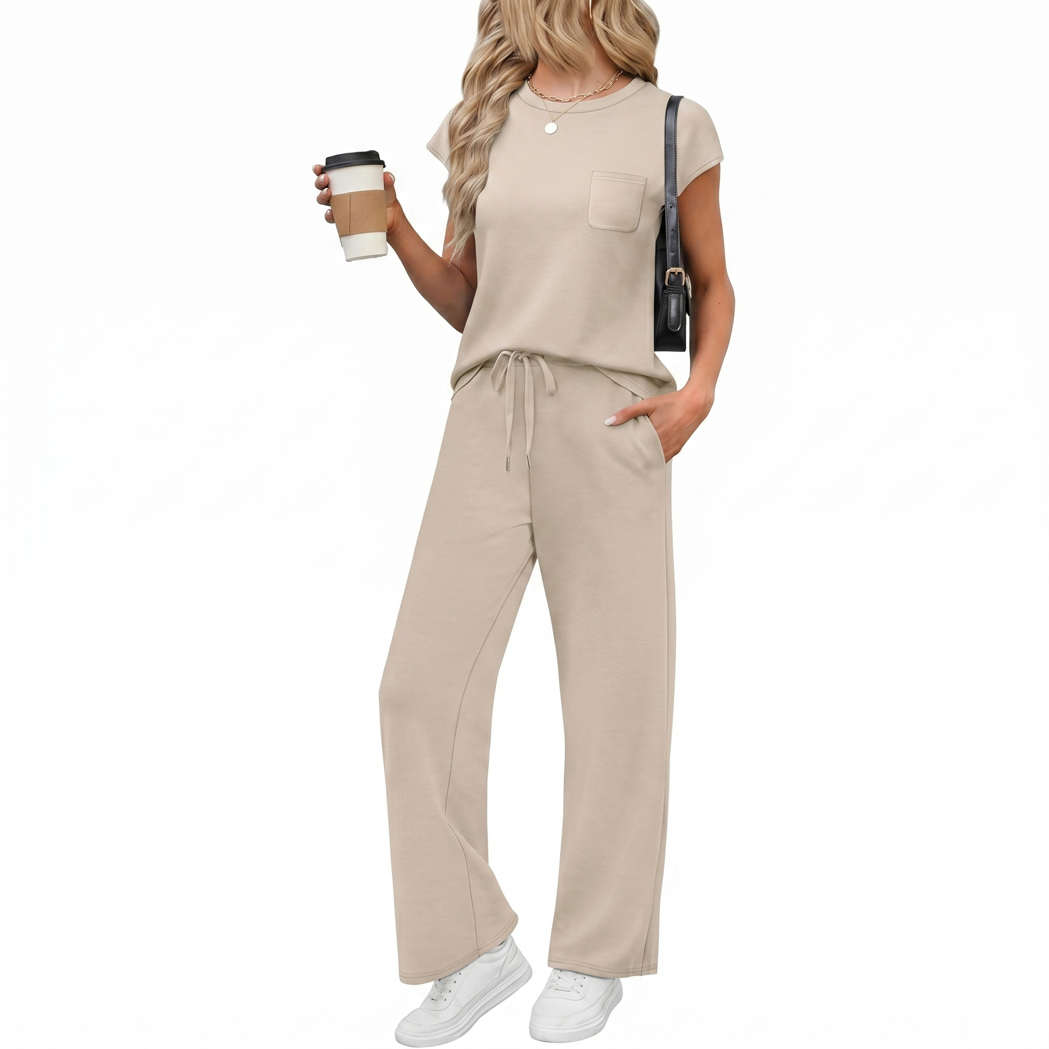 Casual Cap Sleeve Two Piece Travel Outfit For Women