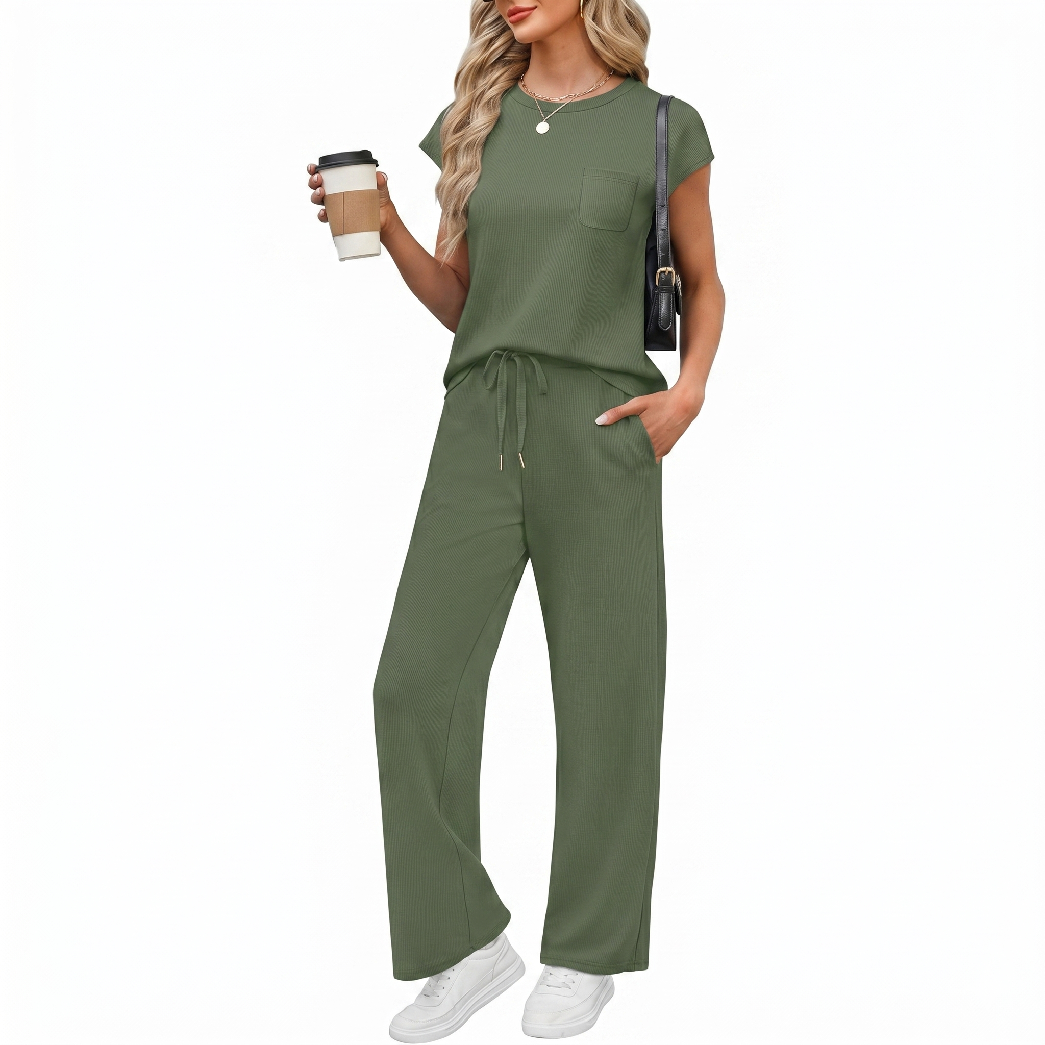 Casual Cap Sleeve Two Piece Travel Outfit For Women