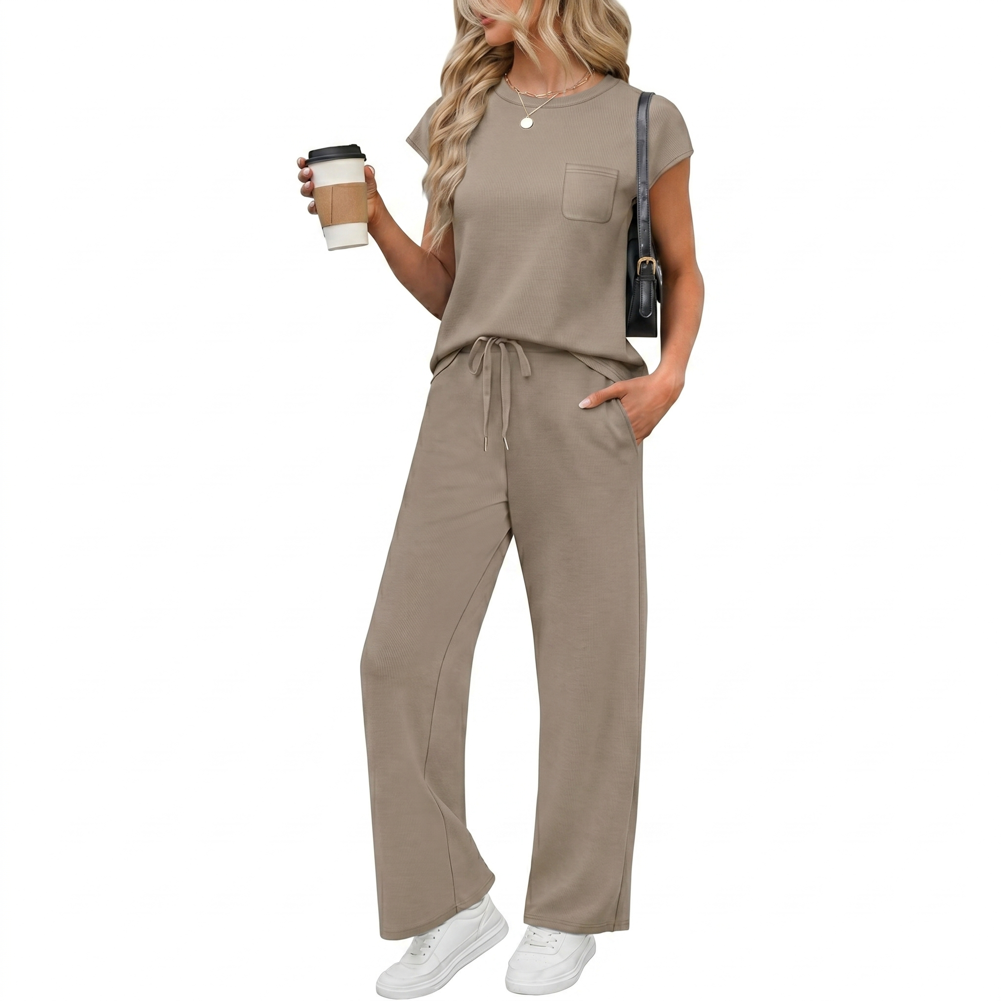 Casual Cap Sleeve Two Piece Travel Outfit For Women
