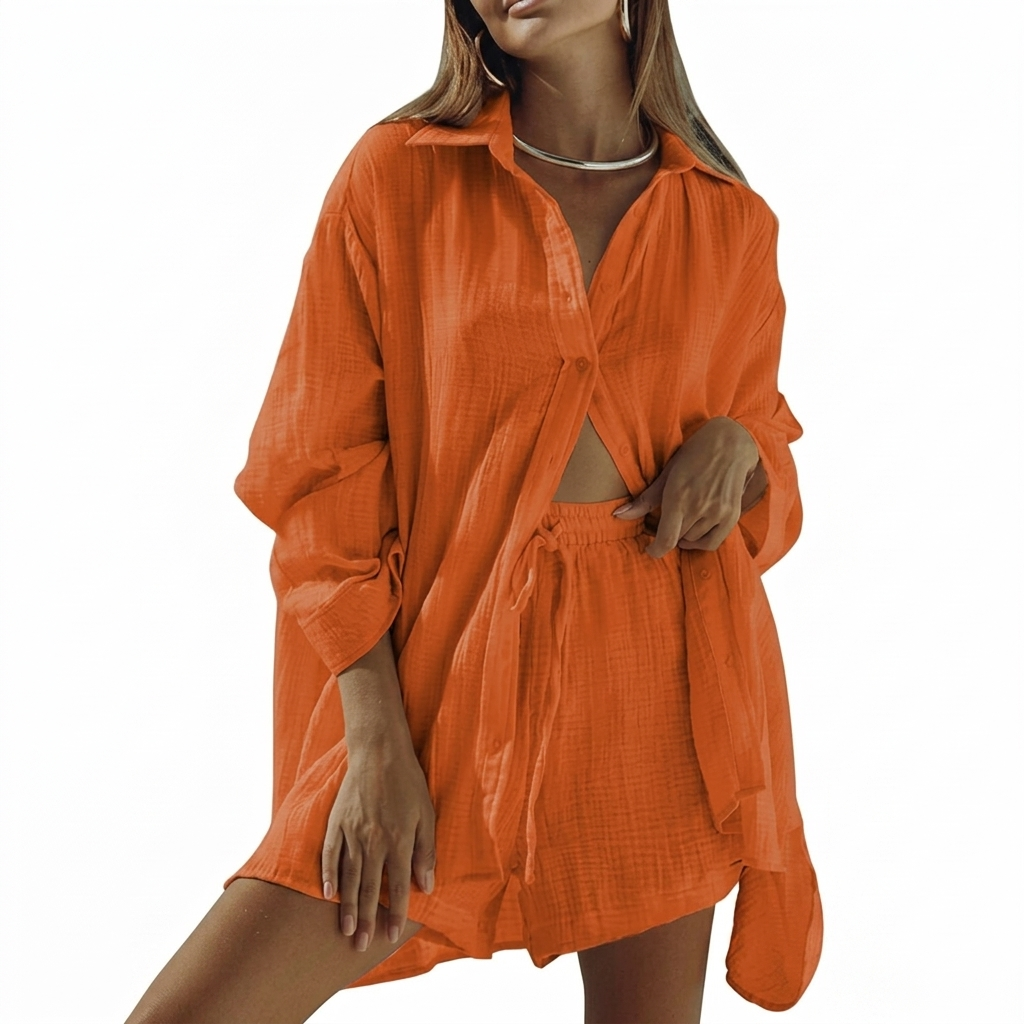 2 Piece Of Long Sleeve Button Down Blouse And Shorts Sweatsuit Sets For Women