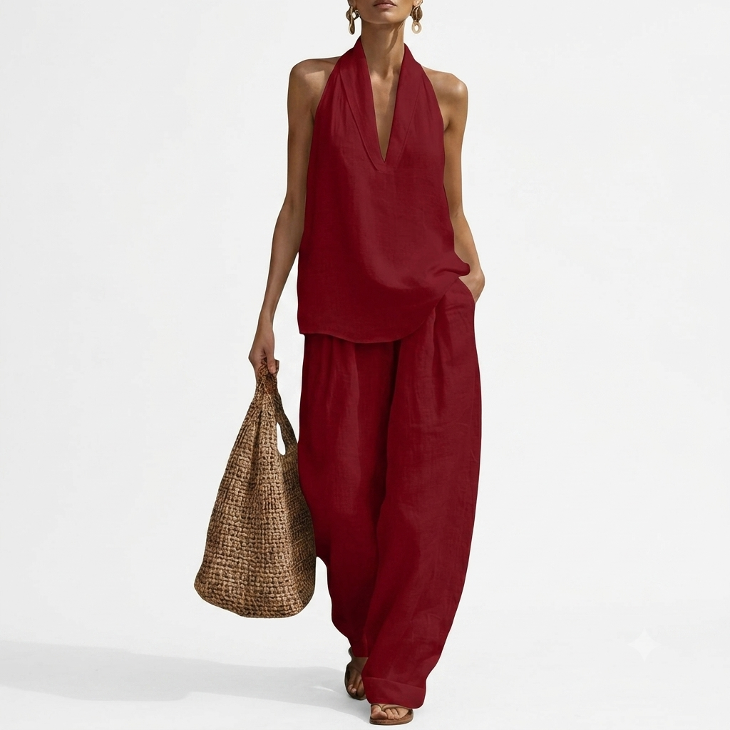 Beach Vacation Sleeveless Halter Two Piece Set For Women