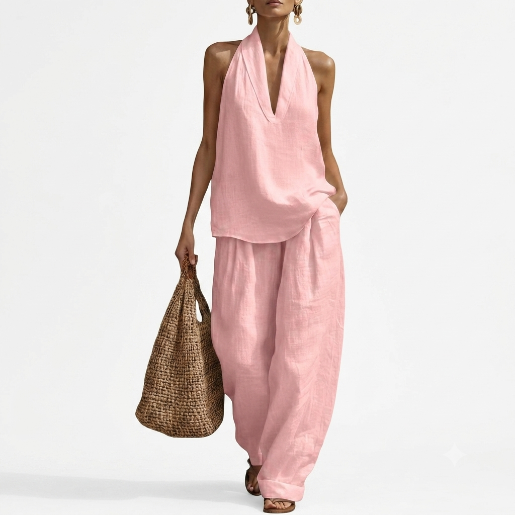 Beach Vacation Sleeveless Halter Two Piece Set For Women