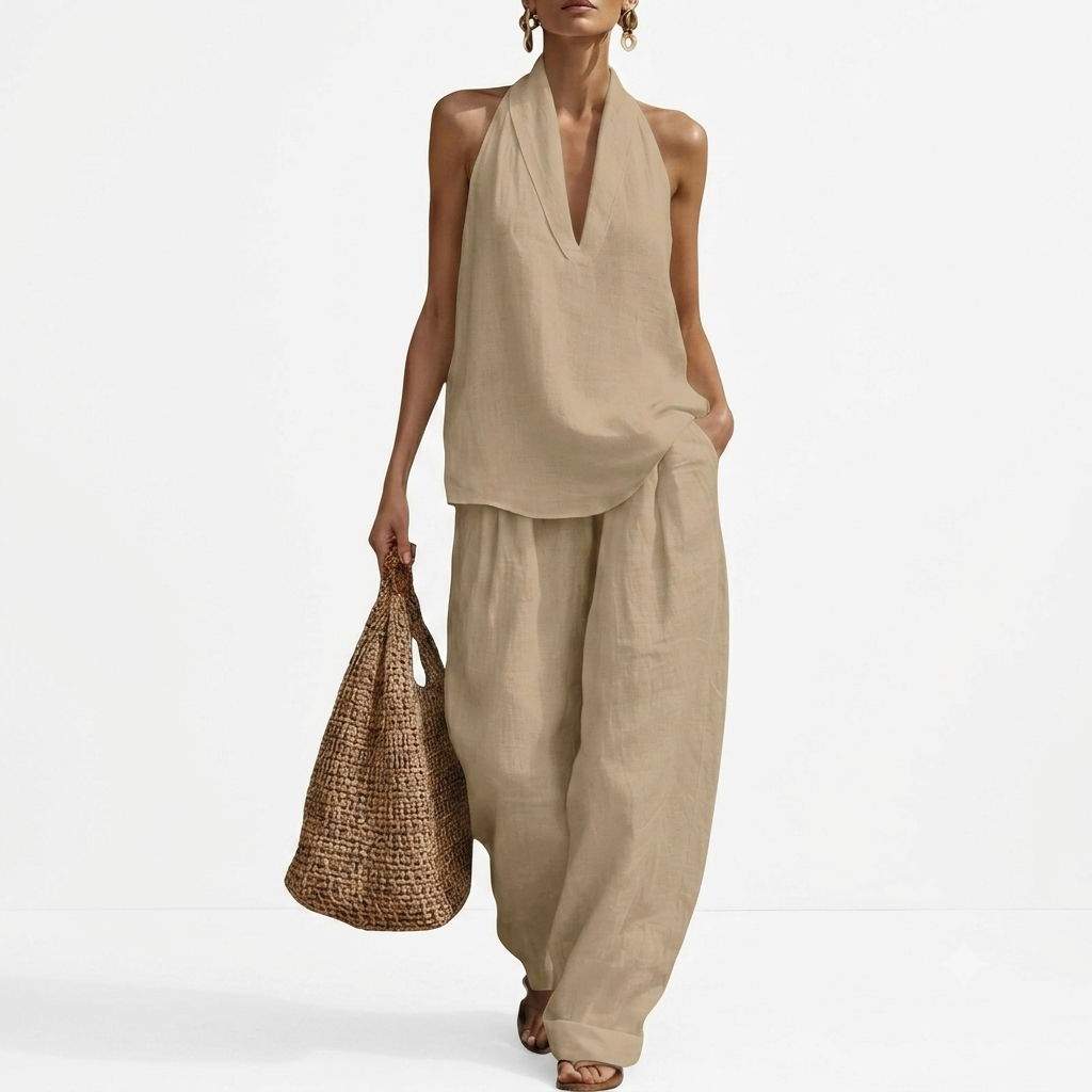 Beach Vacation Sleeveless Halter Two Piece Set For Women