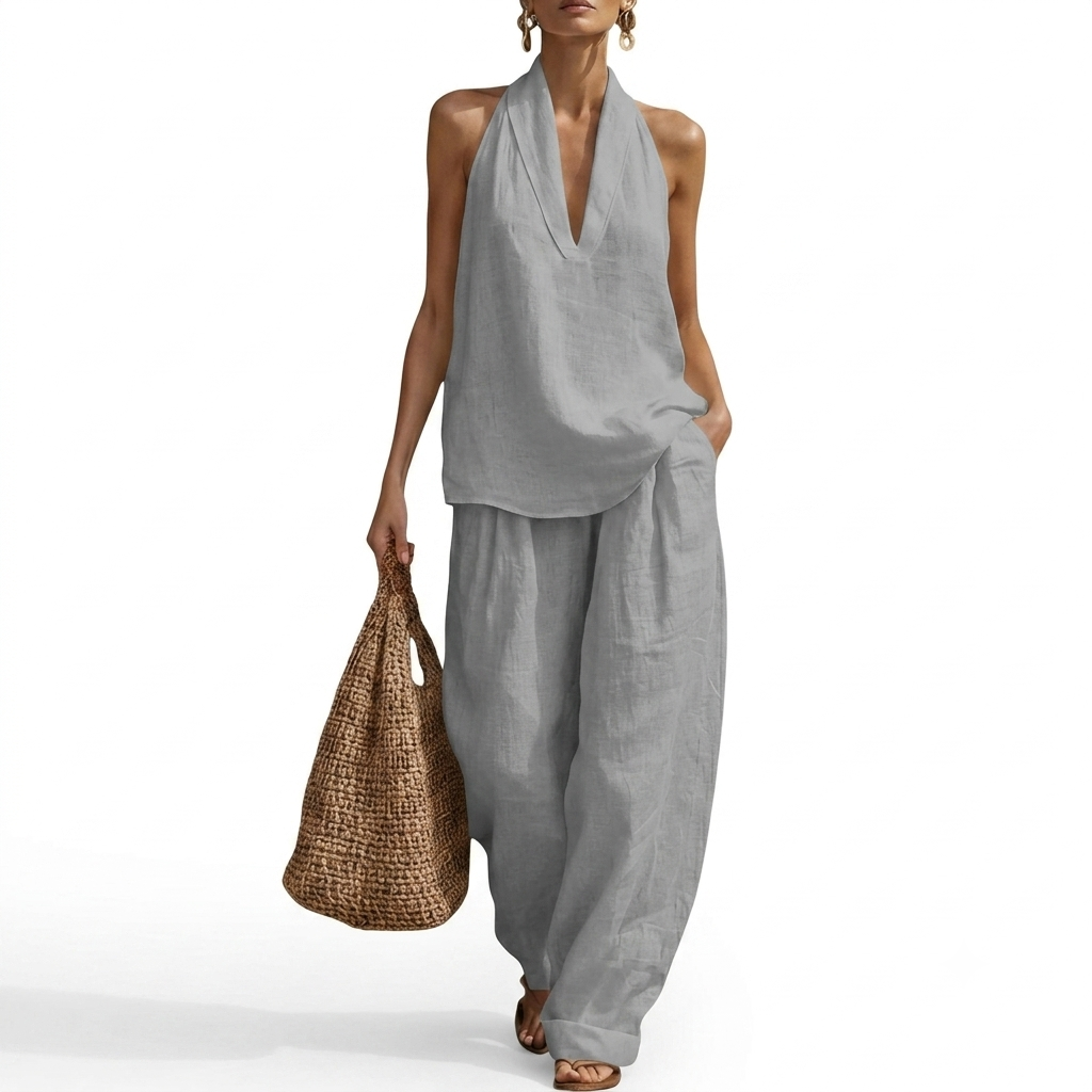 Beach Vacation Sleeveless Halter Two Piece Set For Women