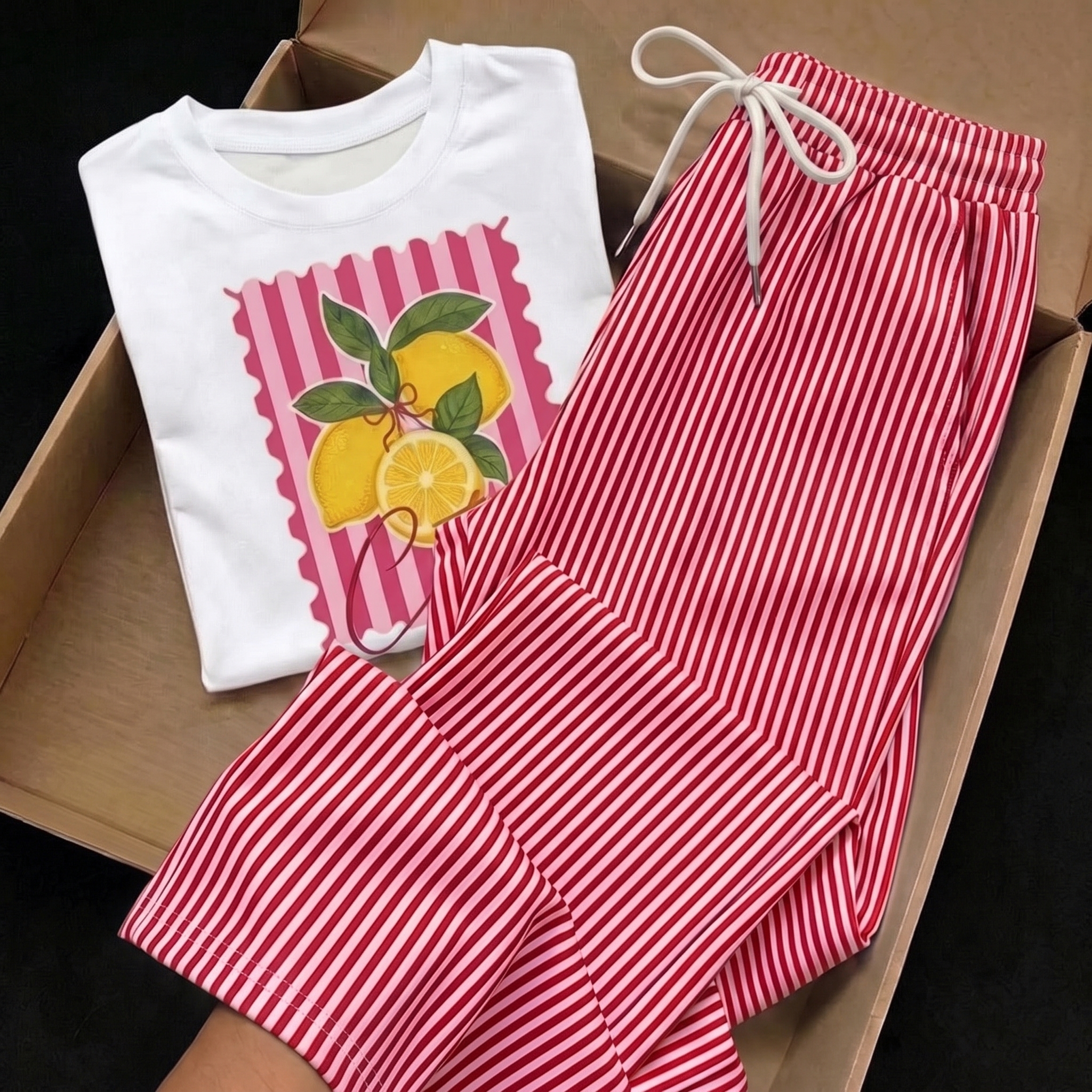 Striped Print Short Sleeve Top and Pants 2 Piece Vacation Set for Women