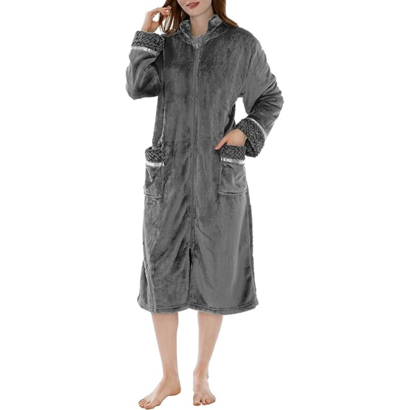 Cozy Zip Up Front Bathrobe With Soft Fleece For Women