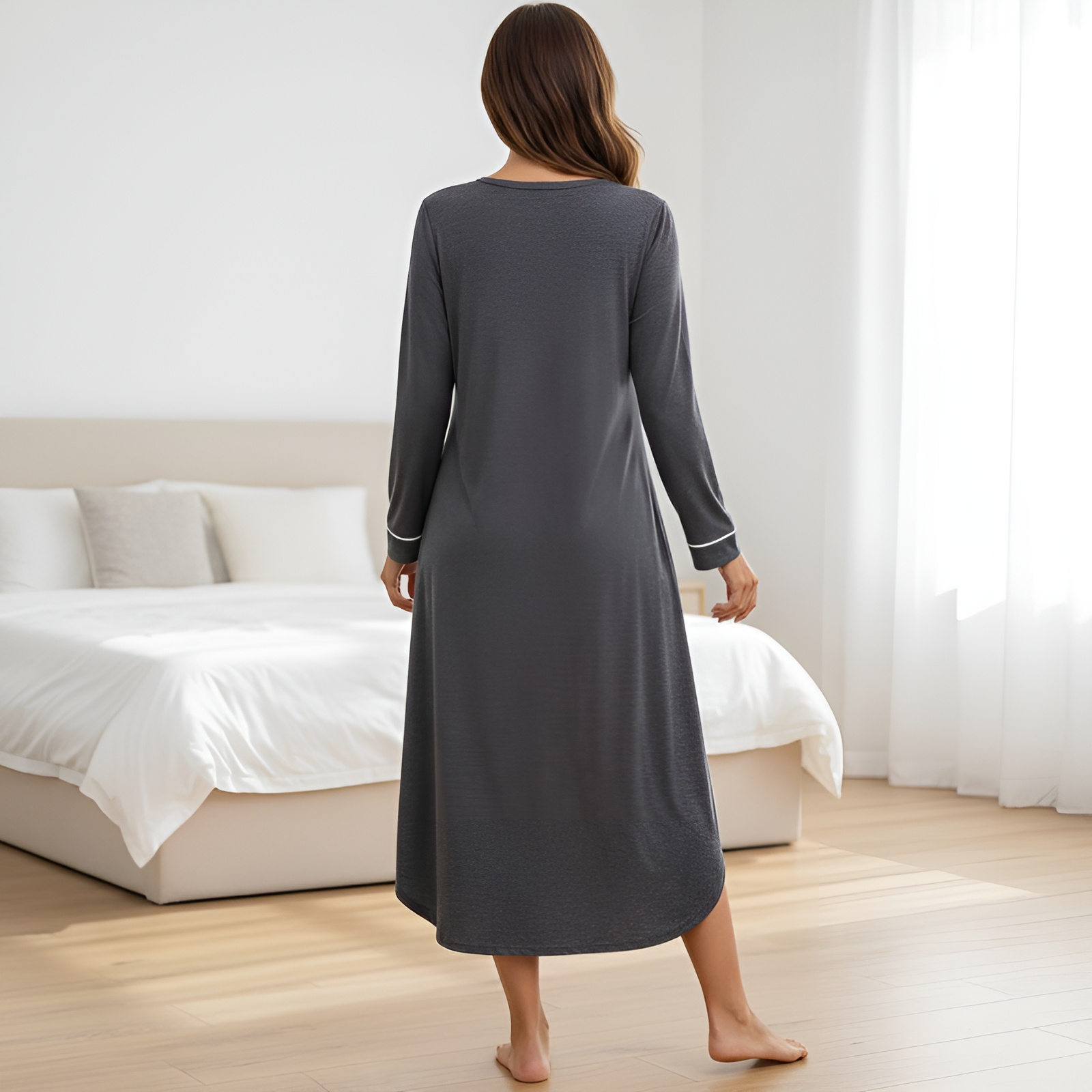 Classic Nightgown With Long Sleeve Button Down Design For Women