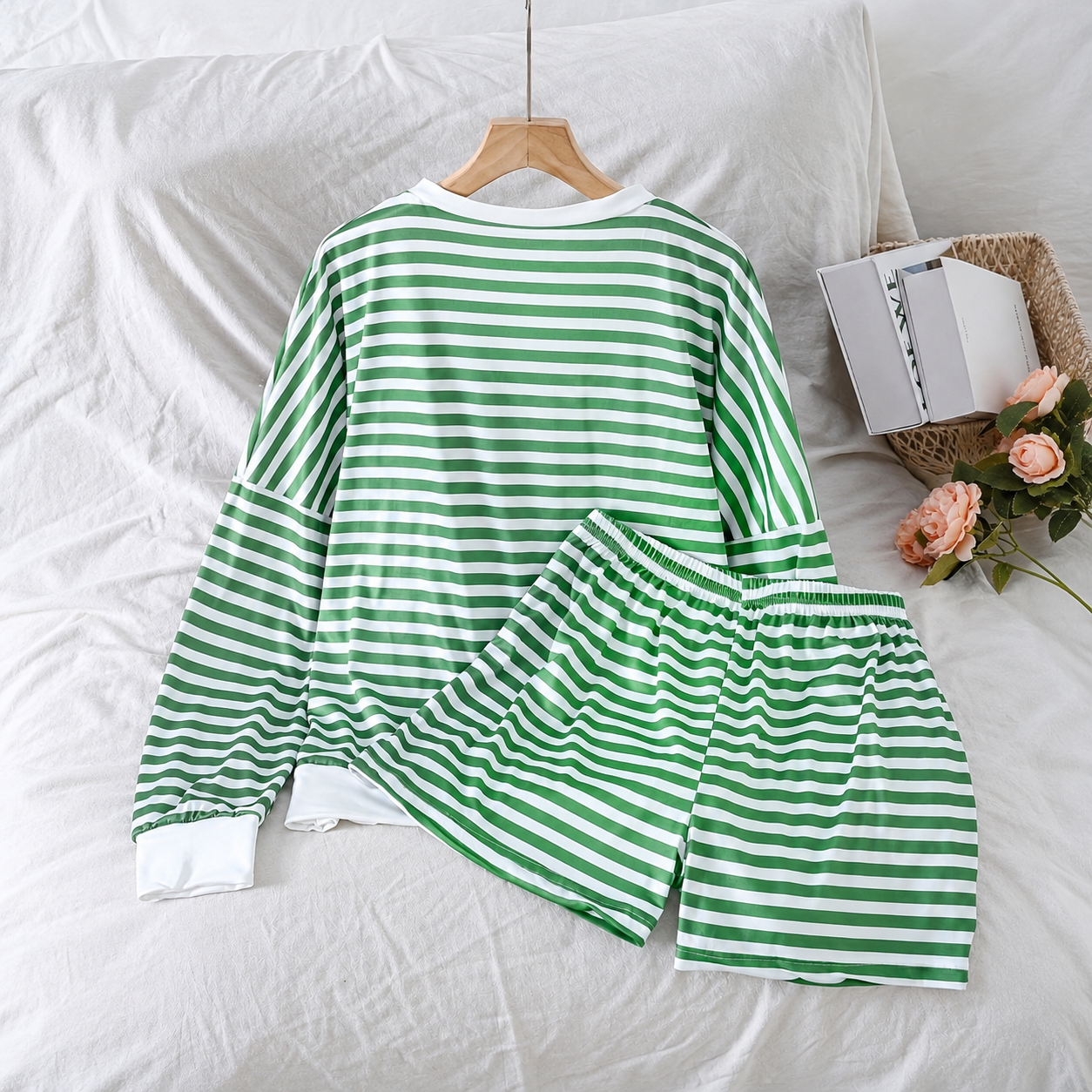 Striped Long Sleeve Top and Shorts 2 Piece Classic Pajama Set for Women