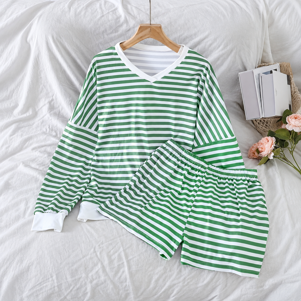 Striped Long Sleeve Top and Shorts 2 Piece Classic Pajama Set for Women