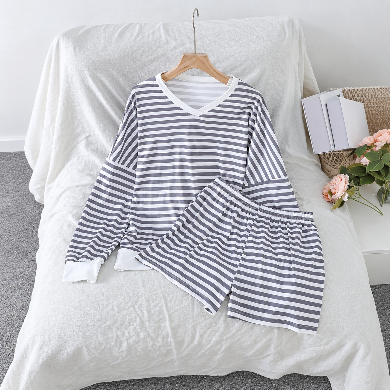 Striped Long Sleeve Top and Shorts 2 Piece Classic Pajama Set for Women