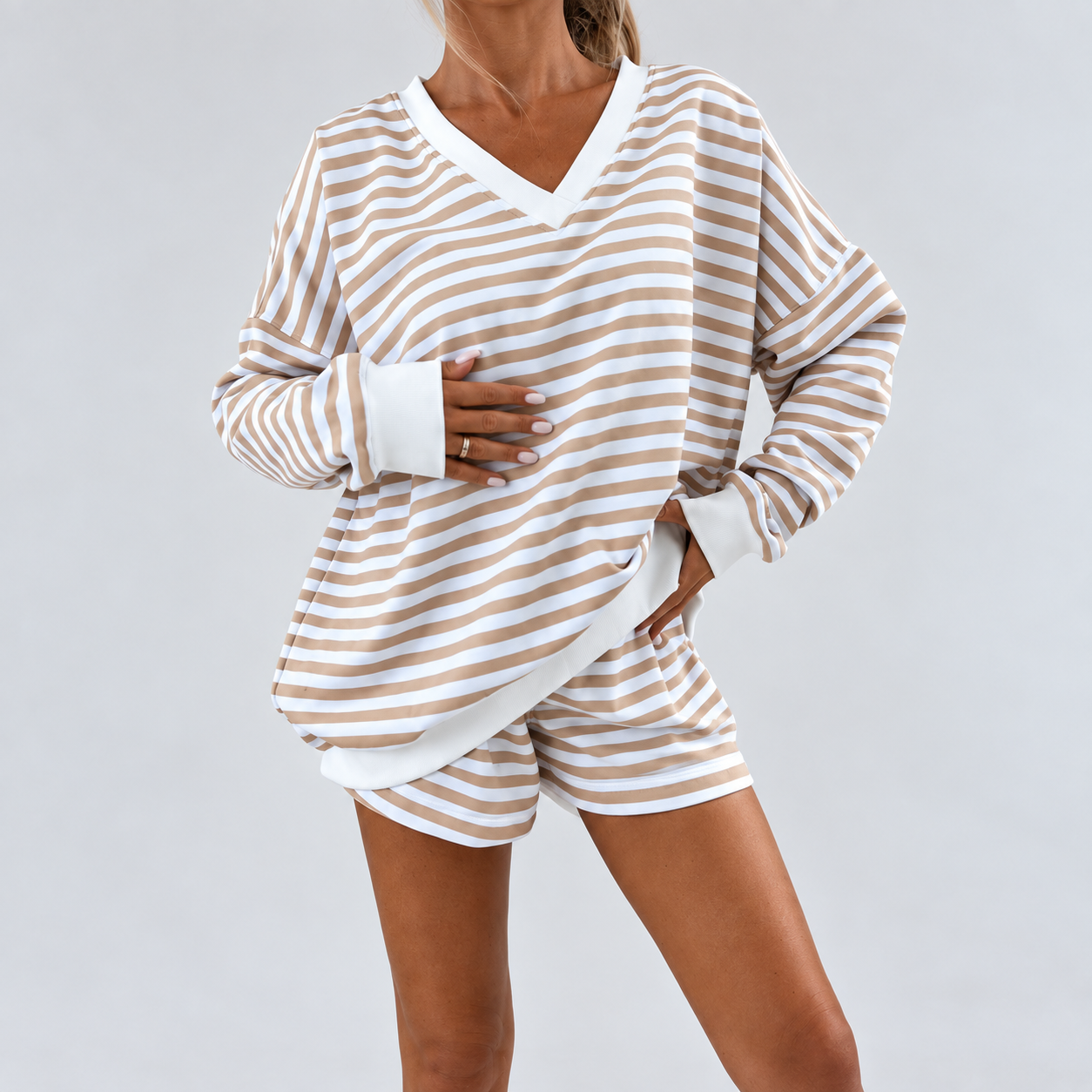 Striped Long Sleeve Top and Shorts 2 Piece Classic Pajama Set for Women