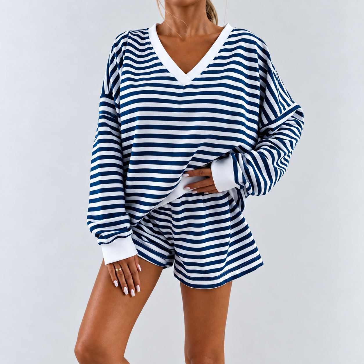 Striped Long Sleeve Top and Shorts 2 Piece Classic Pajama Set for Women