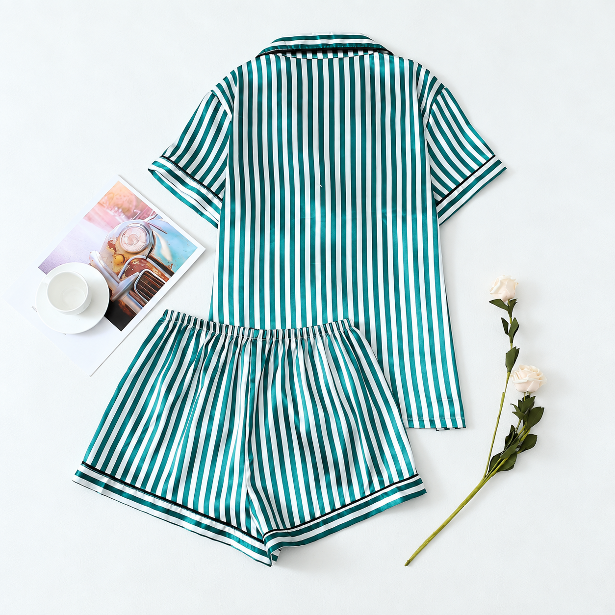 2 Piece Satin Trim Collar Short Sleeve Top And Bow Tie Striped Shorts Pajama Set For Women Summer Loungewear
