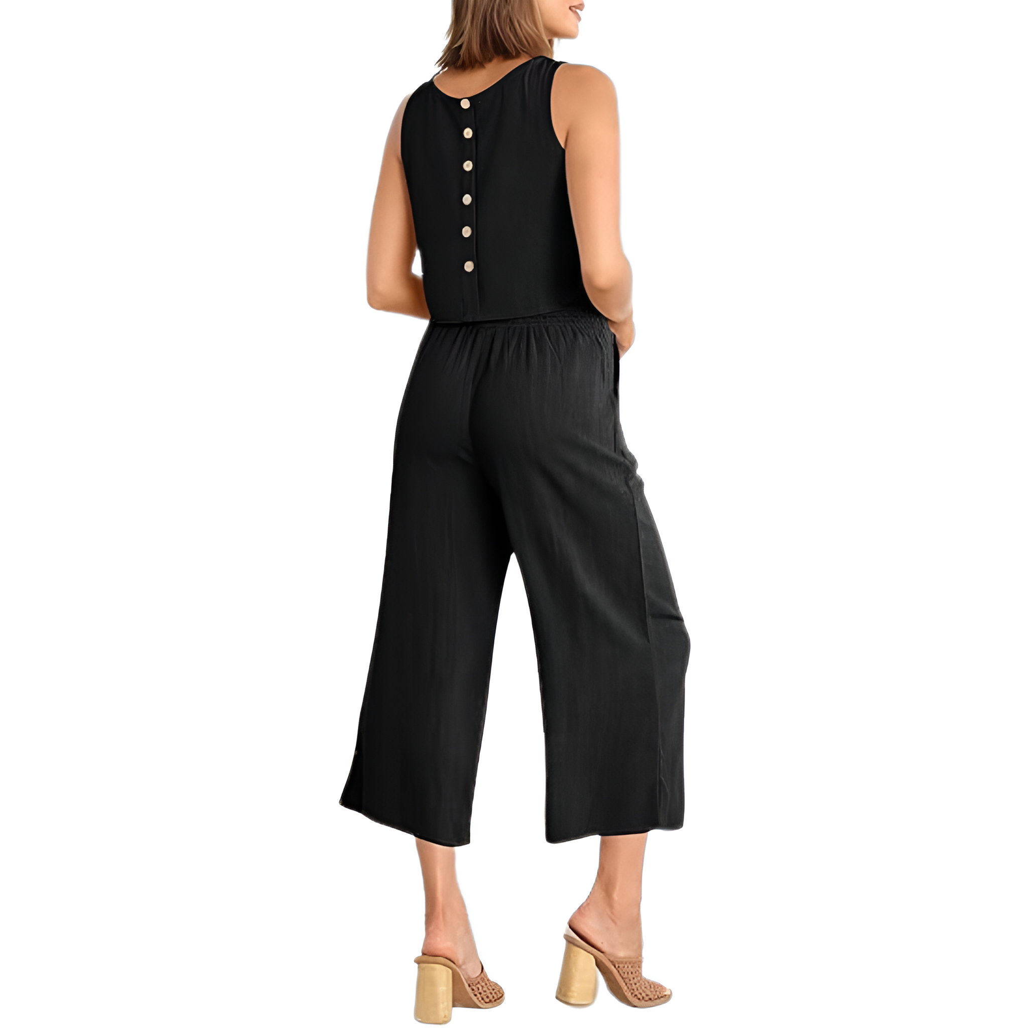 2 Piece Summer Wear Sleeveless Crop Capri Wide Pants Jumpsuit Outfit Set For Women